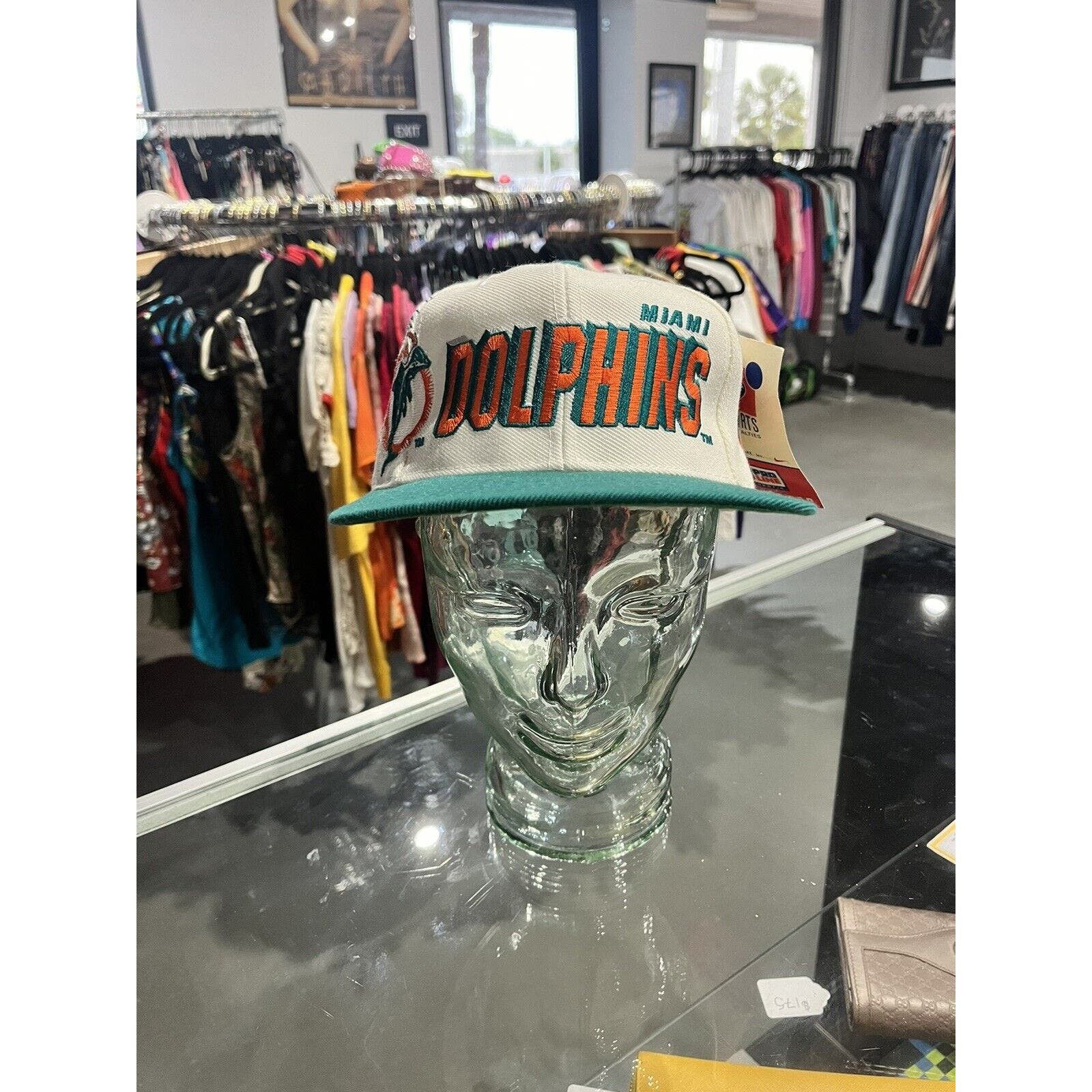 image of Sports Specialties Vintage Miami Dolphins Sports Two Tone Snap Back Hat NWT in White, Men's