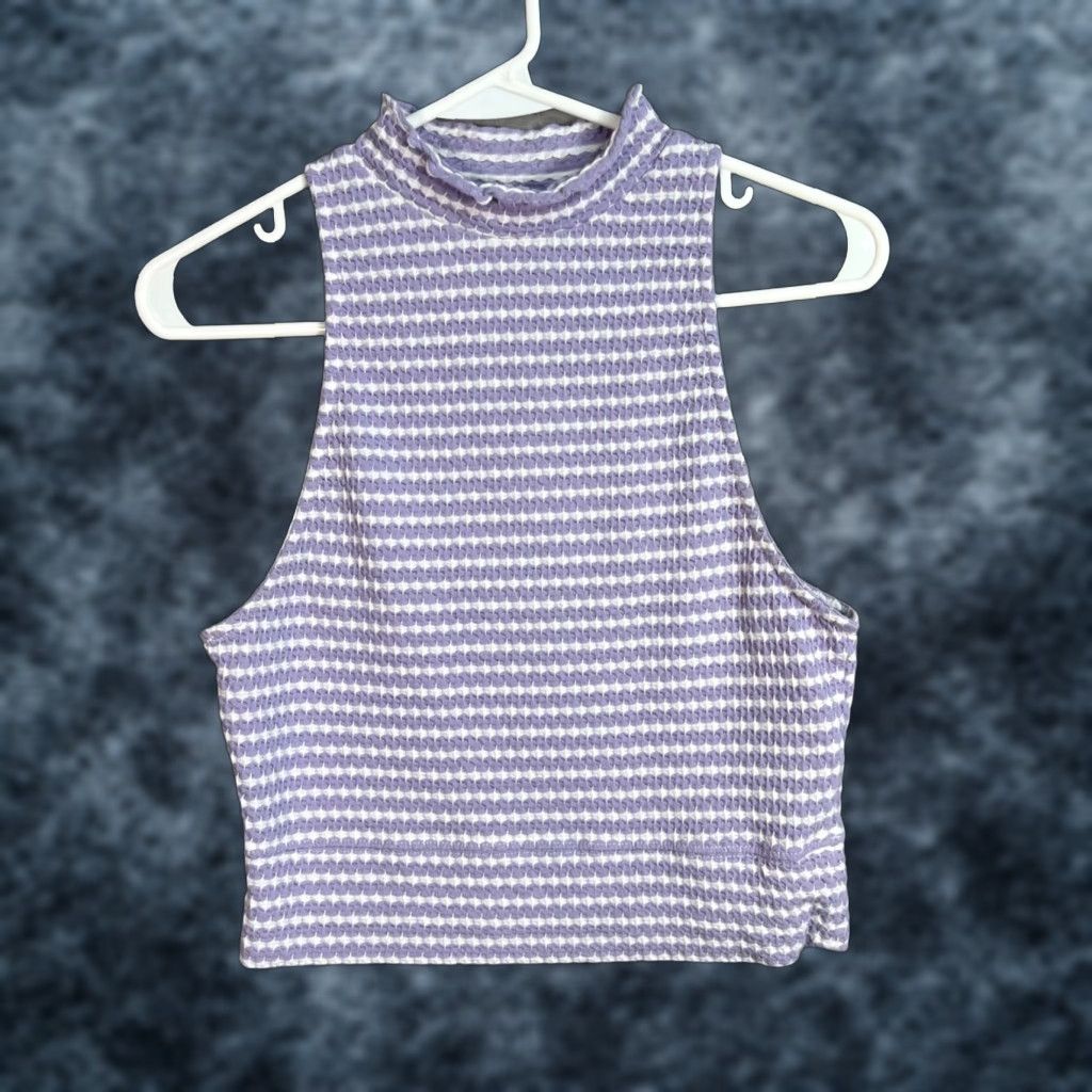 Free People Free People Crop Top Size Medium Purple & White Striped Textured Cotton Blend Size M / US 6-8 / IT 42-44 - 1 Thumbnail