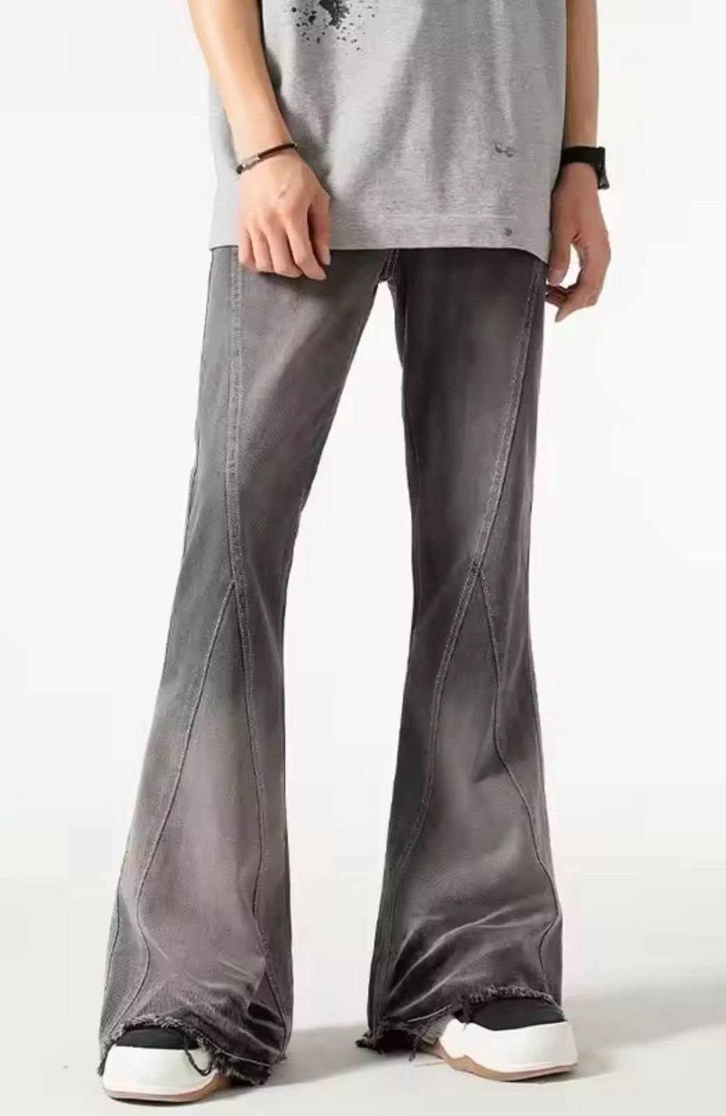 Vintage Grey Flared Denim Jeans - High-Quality, Distressed Finish Size US 27 - 8 Thumbnail