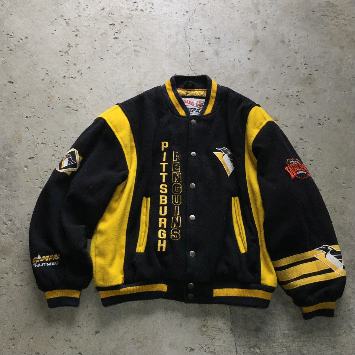 image of Nhl x Vintage 90's Pittsburgh Penguins Nutmeg Campri Wool Jacket in Black Yellow, Men's (Size XL)
