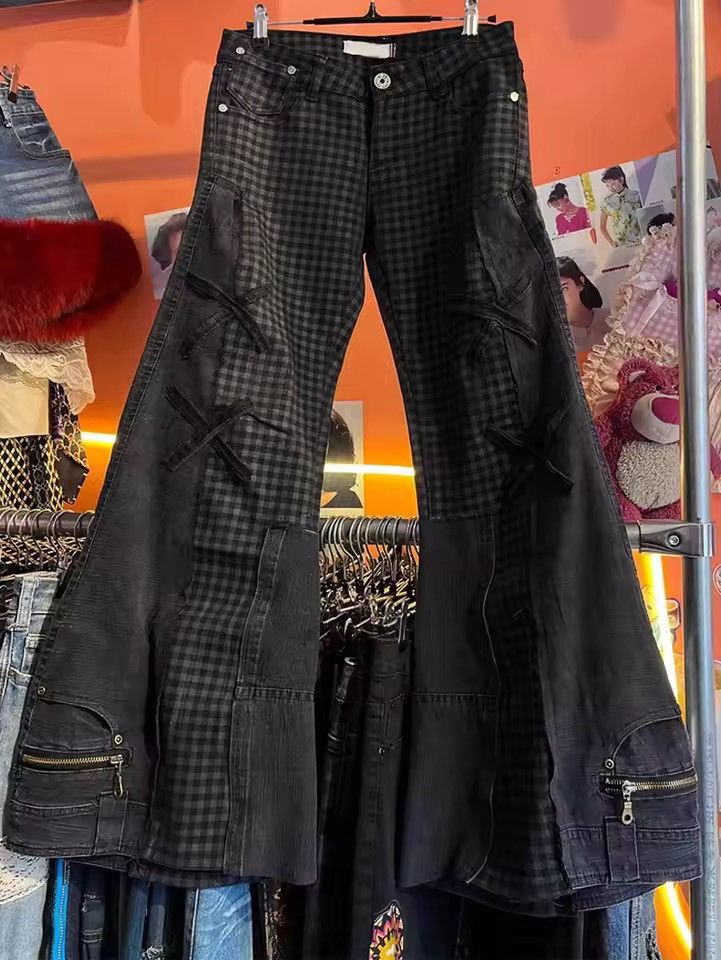 Japanese Brand Retro style plaid patchwork micro flared jeans Size US 29 - 3 Thumbnail