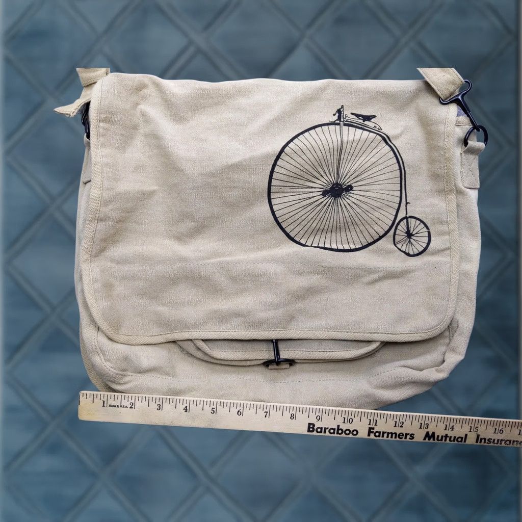 Vintage Unbranded Penny Farthing Bicycle Canvas Messenger Bag Unisex Large Beige Tan Transportation Bag Size ONE SIZE - 1 Thumbnail