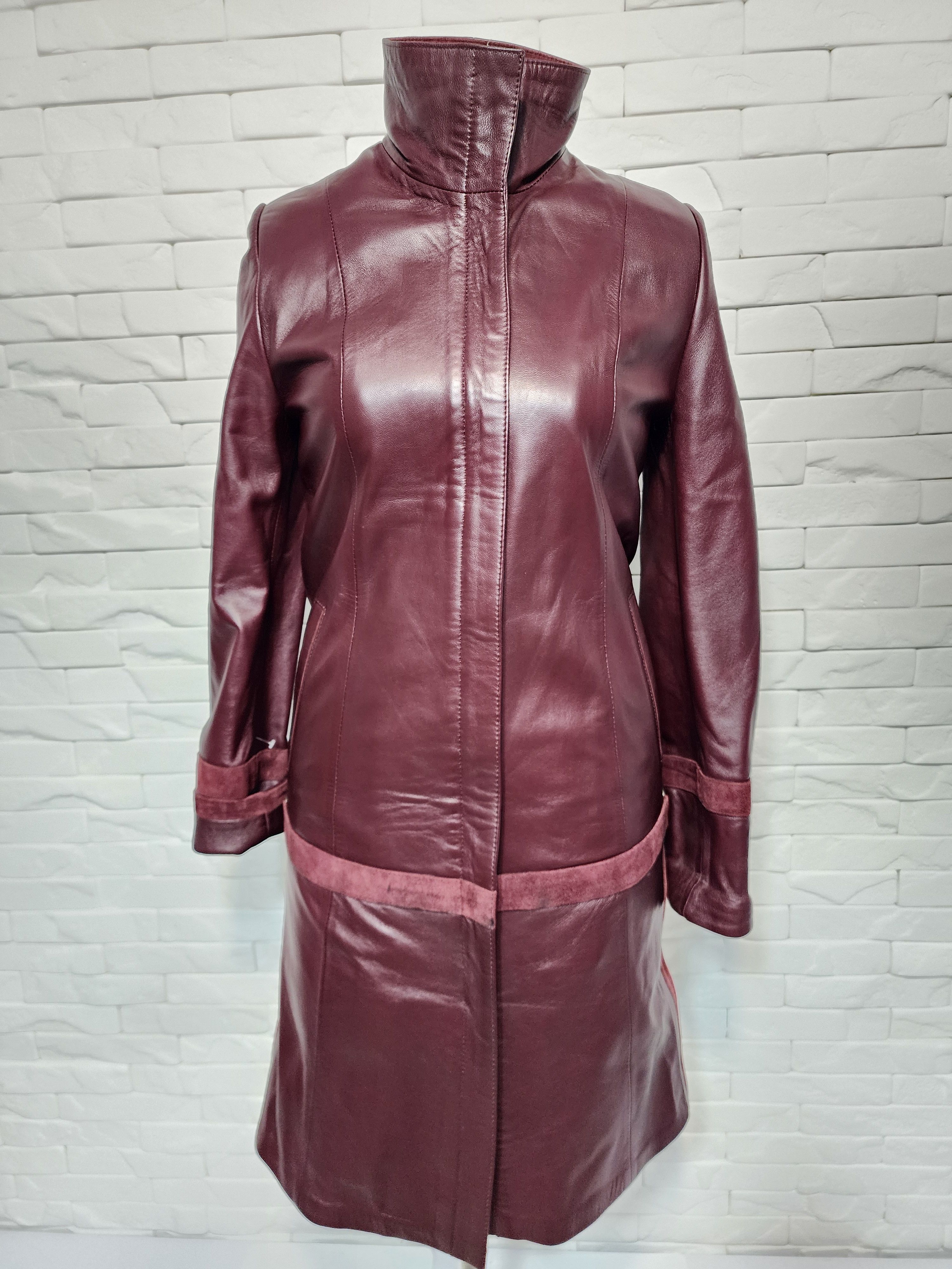 Genuine Leather Burgundy Leather Trench Coat: Women's Long Raincoat Size M / US 6-8 / IT 42-44 - 1 Thumbnail