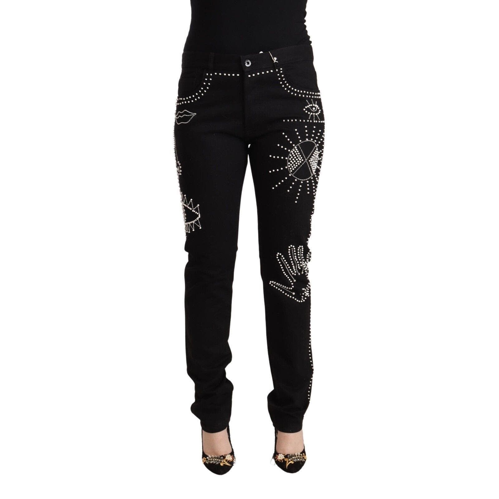 image of Valentino Black Cotton Mid Waist Embellished Slim Fit Jeans, Women's (Size 30)