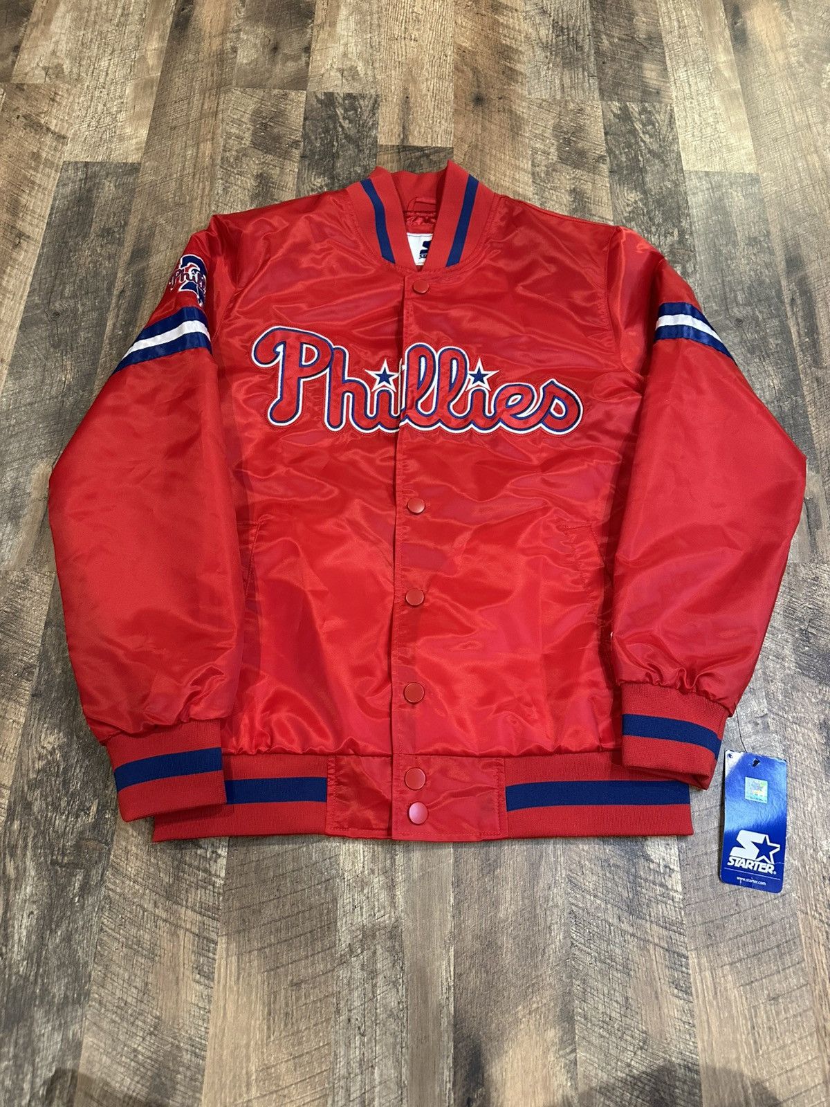 Starter NEW Starter Phillies Satin Varsity Bomber Jacket MLB Size US S / EU 44-46 / 1 - 1 Thumbnail