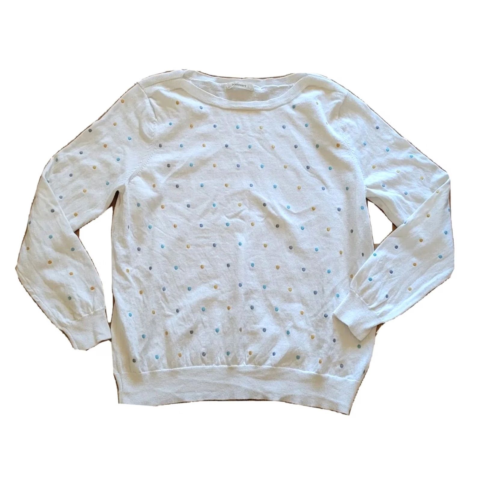 Vintage Woolovers Sweater Shirt Womens Large White Polka Dot Embroidered Boat Neck Knit Pullover Formal Casual Workwear Autumn Winter Men/Women Size L / US 10 / IT 46 - 2 Thumbnail