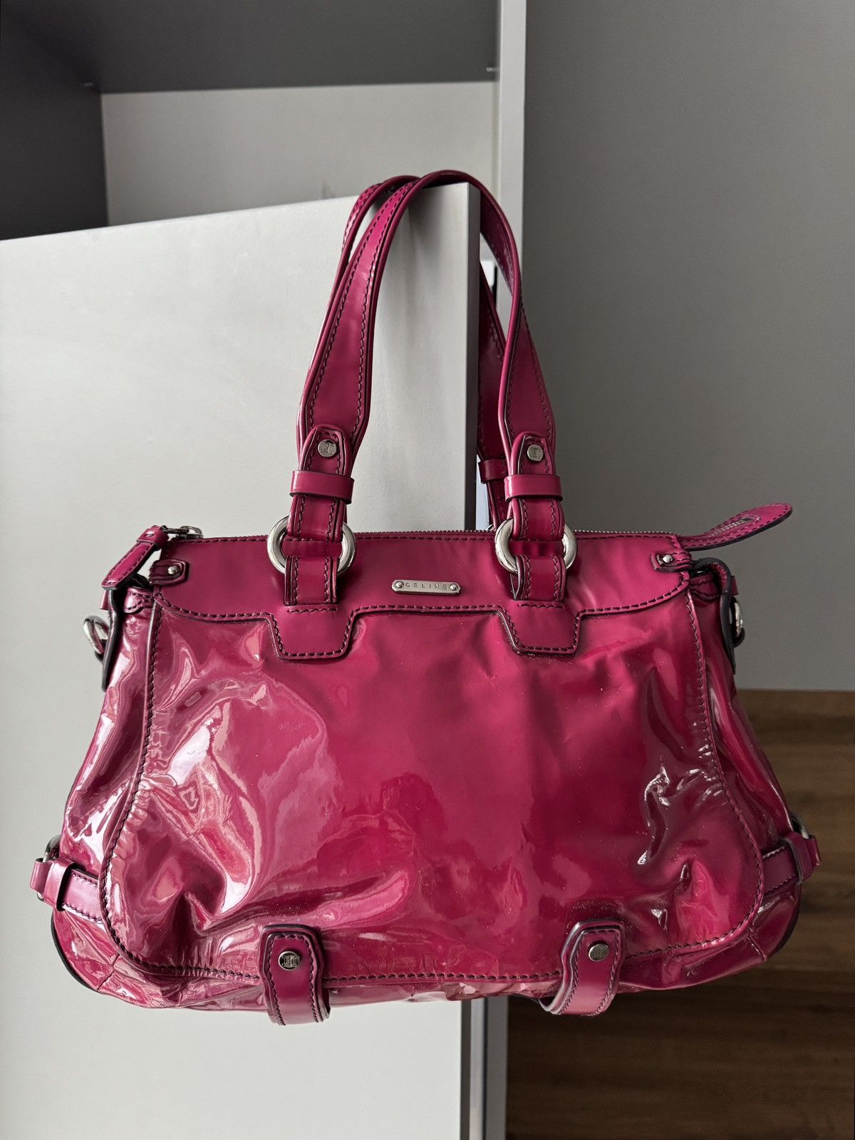 Celine Vintage Celine Pink Patent Leather Vinyl Handbag Size ONE SIZE - 2 Thumbnail