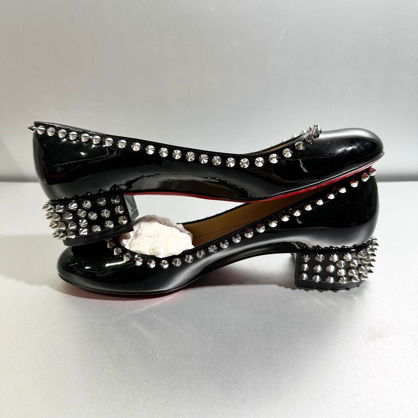 Christian Louboutin CL Black Patent Leather Riveted Flats Size 38 Size US 7 / IT 37 - 4 Thumbnail