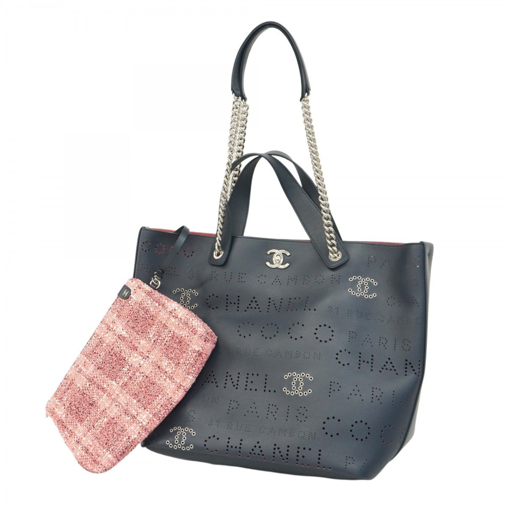 Chanel Tote Bag, Chain Shoulder, Punched Leather, Navy, Women's in Blue