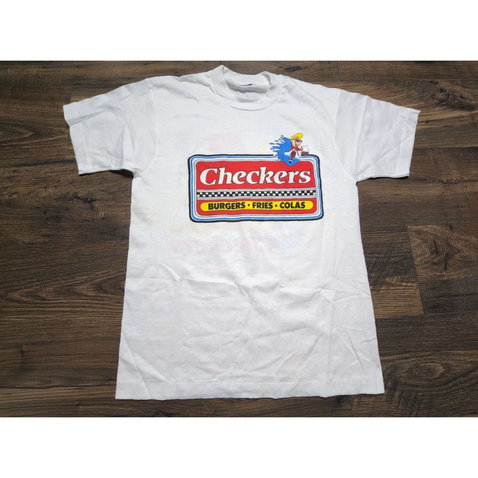 Vintage VINTAGE Screen Stars T-Shirt Mens L White 90s Retro Double-Sided Distress Checkers Fast Foot Promo Resturaunt Logo Graphic Print Shirt Men Size US L / EU 52-54 / 3 - 2 Thumbnail