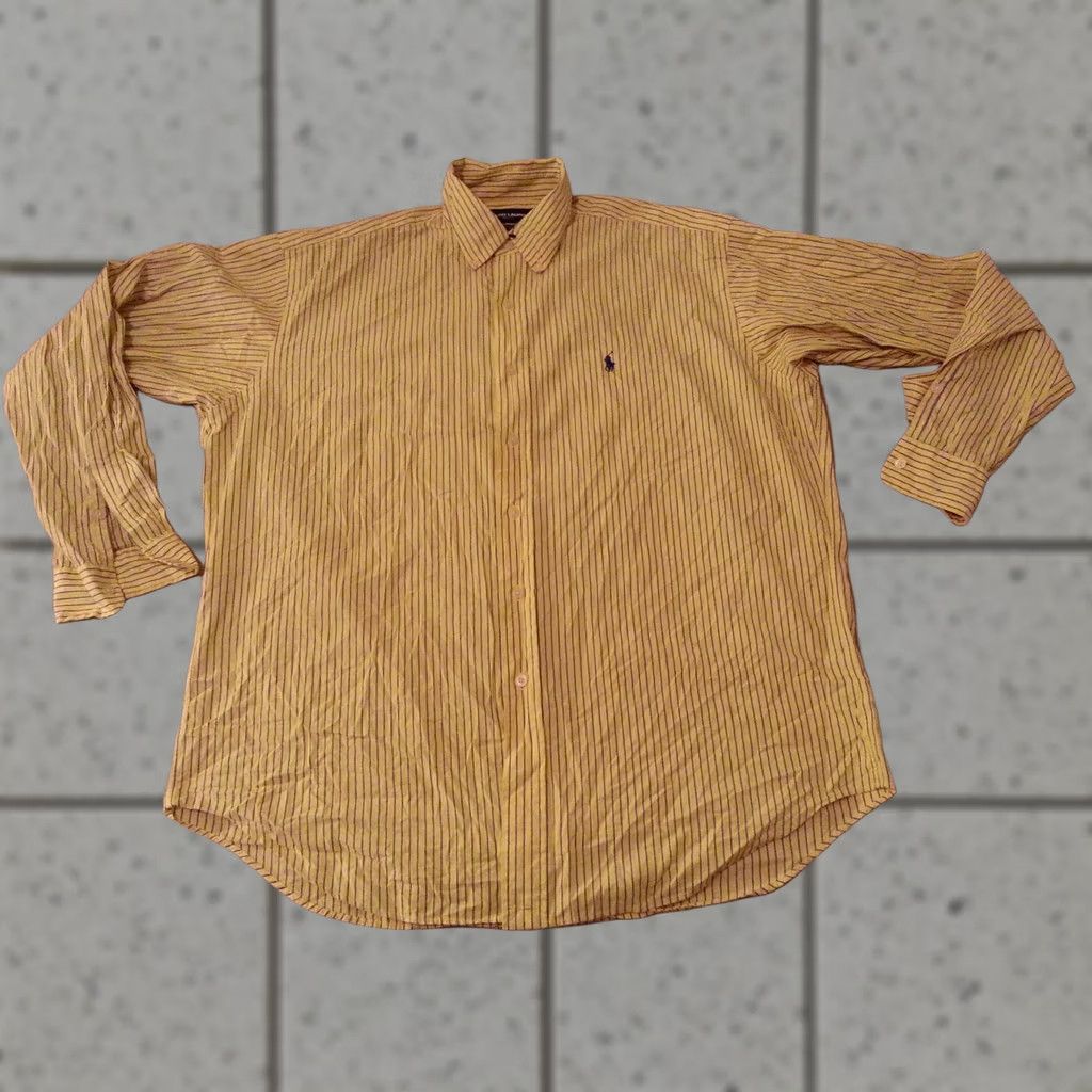 Polo Ralph Lauren Polo Ralph Lauren Shirt Mens Dress Shirt L Large Yellow Stripes Cotton Long Button-Up Size 42R - 1 Thumbnail