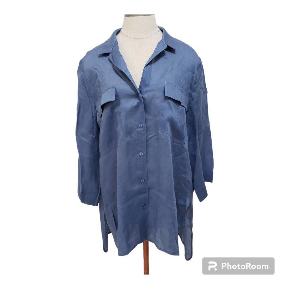 Designer CT731a Lafayette 148 Blue Short Sleeve Ladies Shirt XL Size XL / US 12-14 / IT 48-50 - 1 Thumbnail