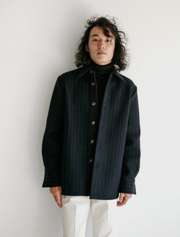 Sefr Mats Wool Overshirt in Navy Pinstripe Size Medium Size US M / EU 48-50 / 2 - 1 Thumbnail