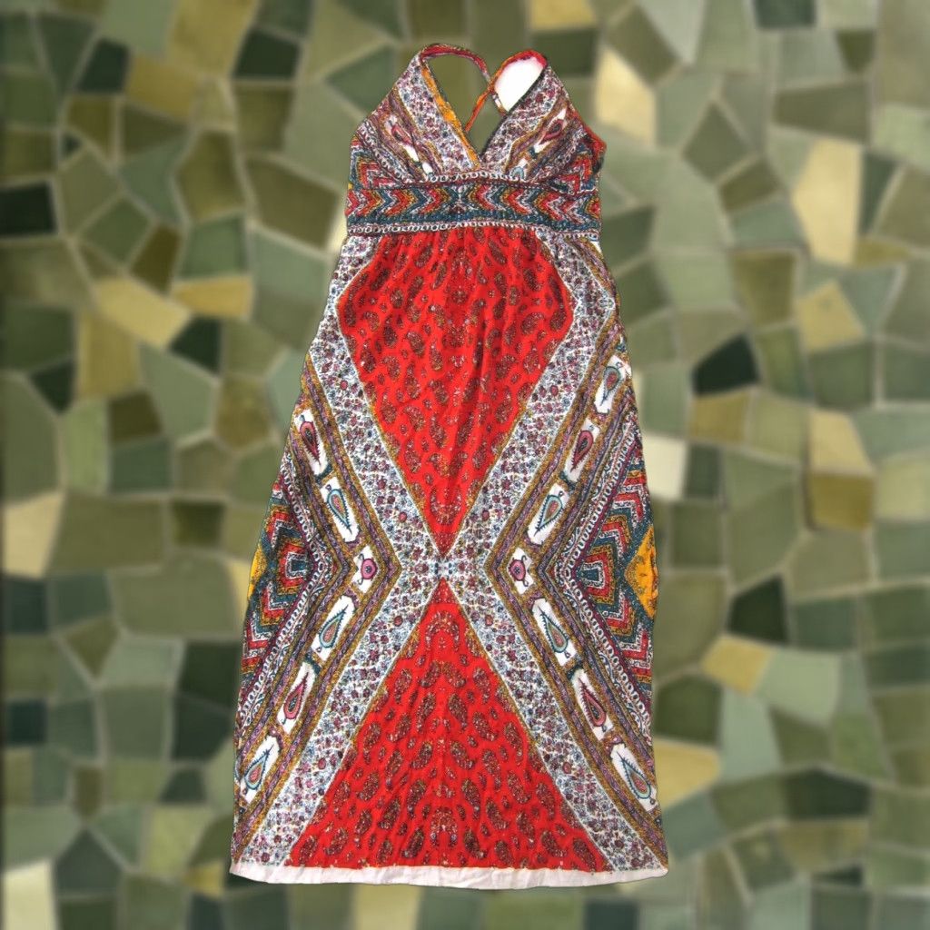 Vintage Nostalgia Rayon Red Orange Green Paisley Floral Long Maxi Slip Tank Dress XL Size XL / US 12-14 / IT 48-50 - 1 Thumbnail