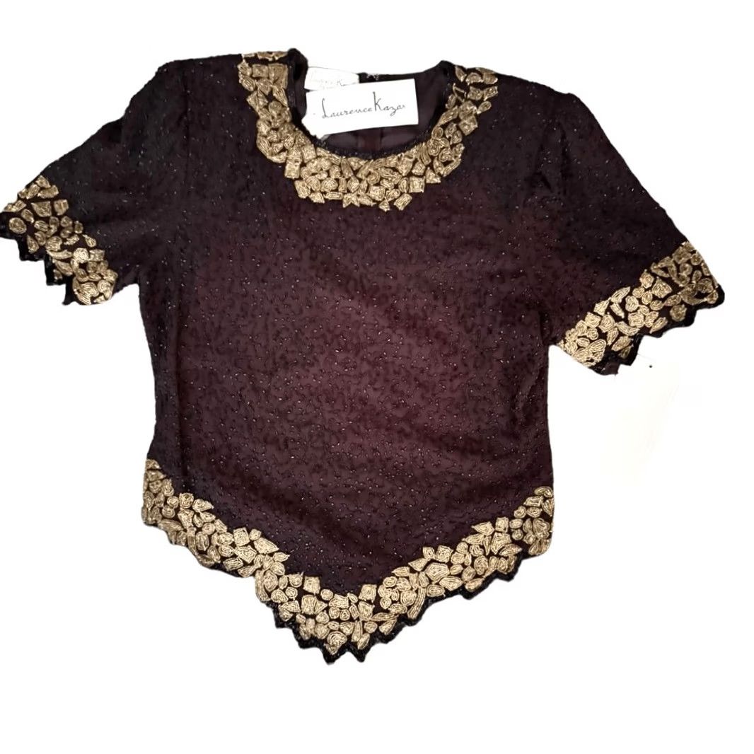 Vintage Laurence Kazar Beaded Crop Top Vintage Womens XL Black NWT Crop Top Beaded Long Sleeve Crew Neck 6912 Size XL / US 12-14 / IT 48-50 - 2 Thumbnail