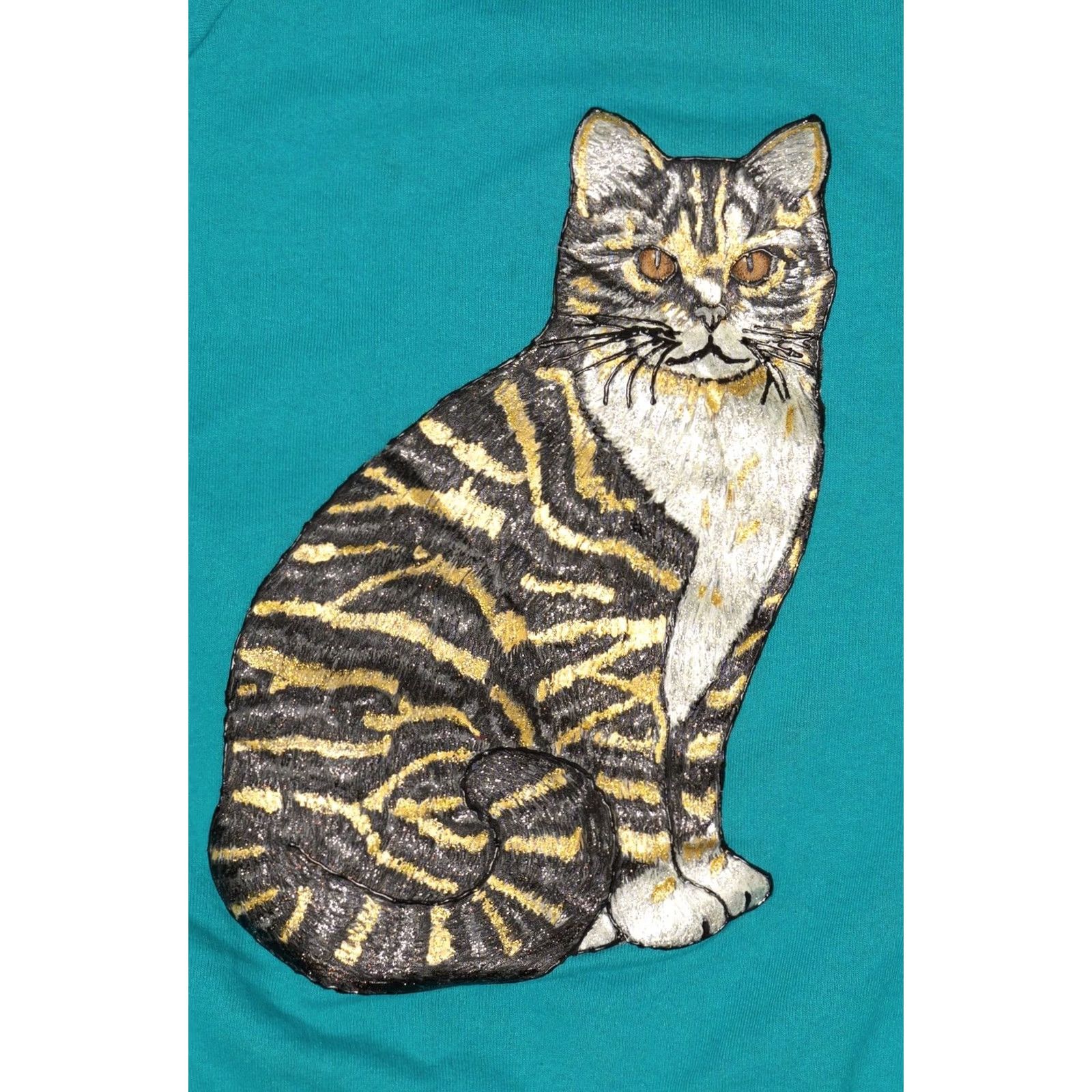 Fruit Of The Loom VINTAGE Hand Painted Cat Raglan Sweatshirt Large Turquoise Blue 1990s Mens Womens Girls Boys Fruit of the Loom USA Cotton Polyester Size US L / EU 52-54 / 3 - 2 Thumbnail