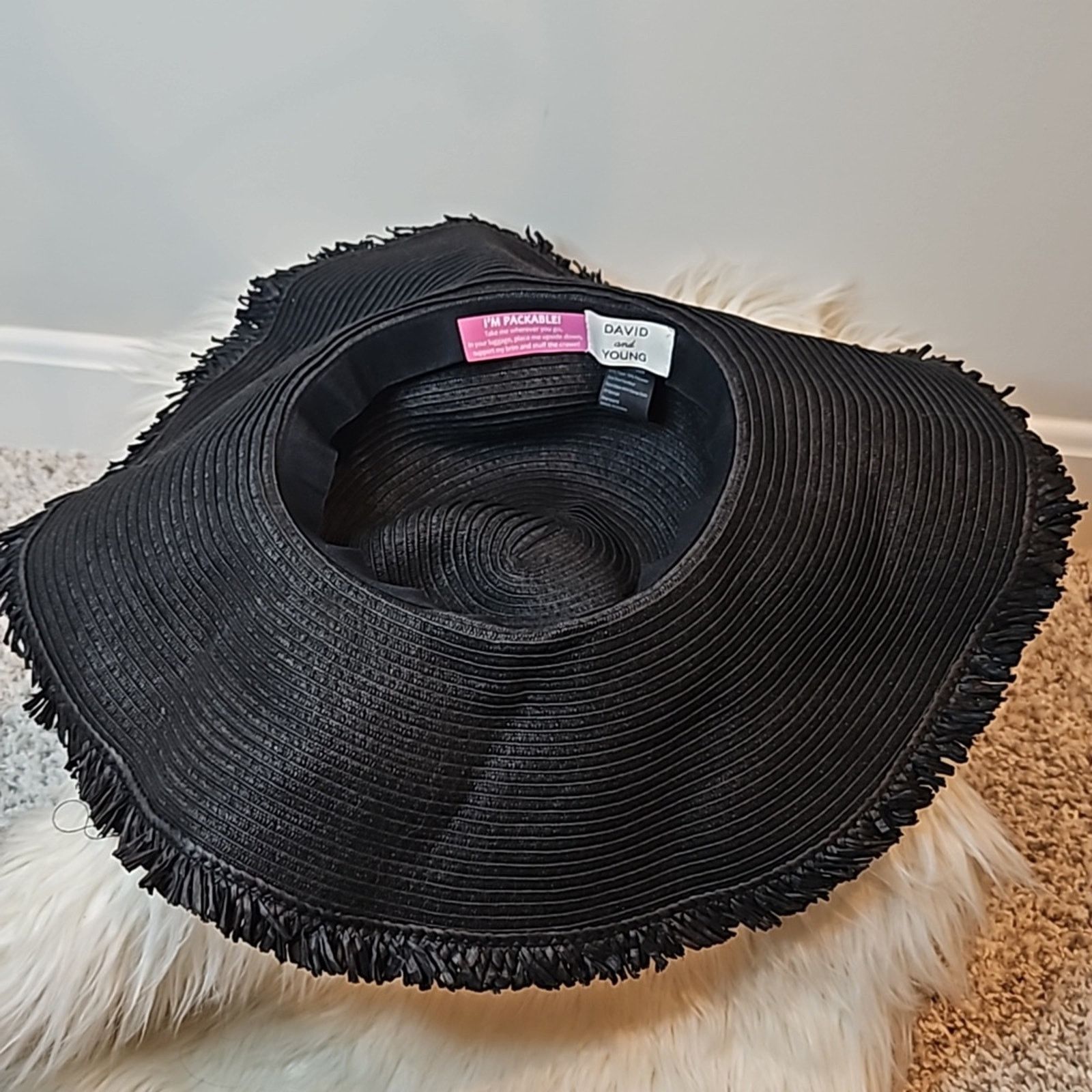 Other David and Young Black Packable Straw Sun Hat with Fringe Size ONE SIZE - 3 Thumbnail