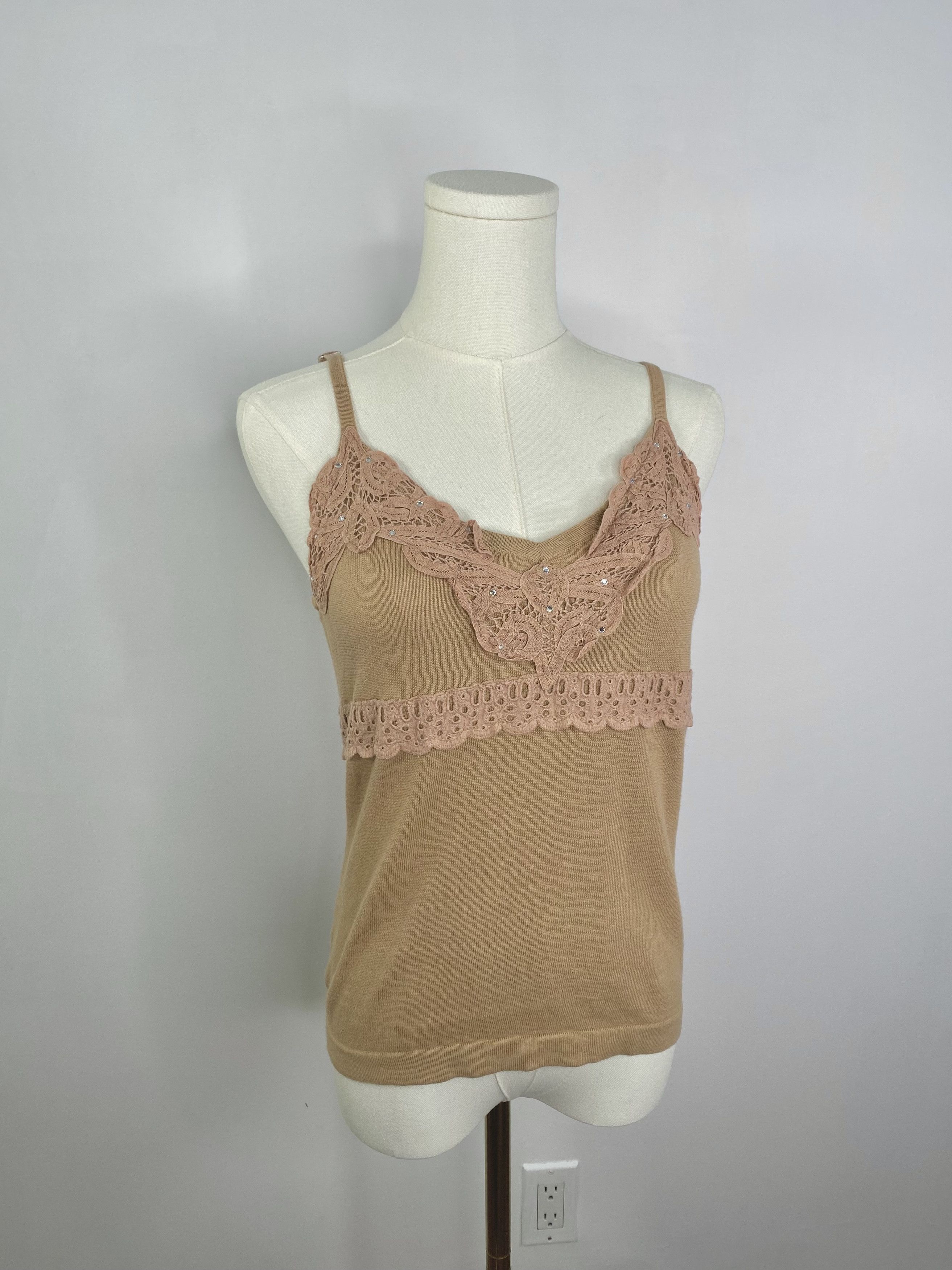 Vintage Sandra Angelozzi - Beige Cotton Floral Lace Tank Top Size M / US 6-8 / IT 42-44 - 6 Thumbnail