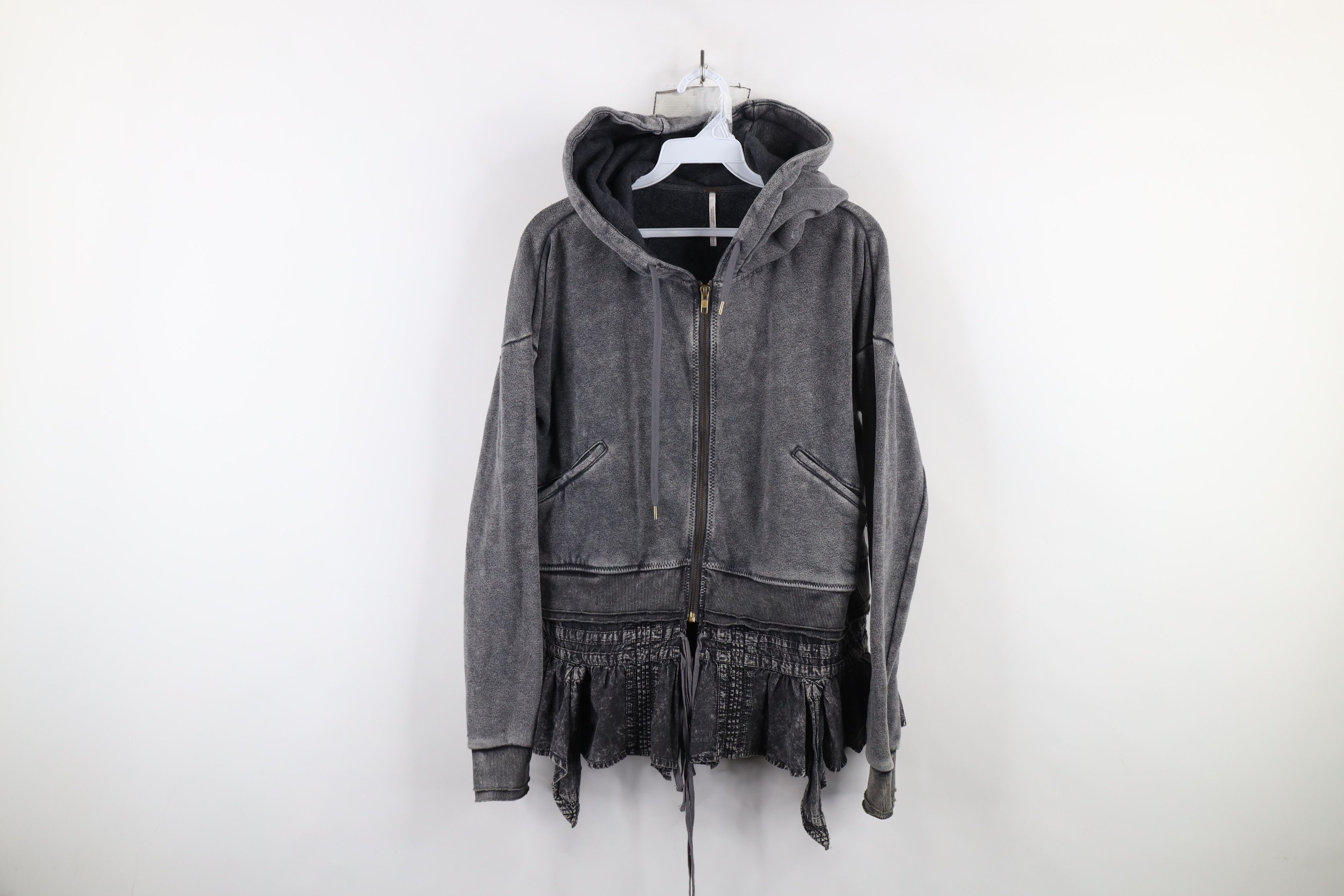 Free People × Vintage Free People Acid Wash Ruffled Full Zip Hoodie Sweatshirt Size S / US 4 / IT 40 - 1 Thumbnail