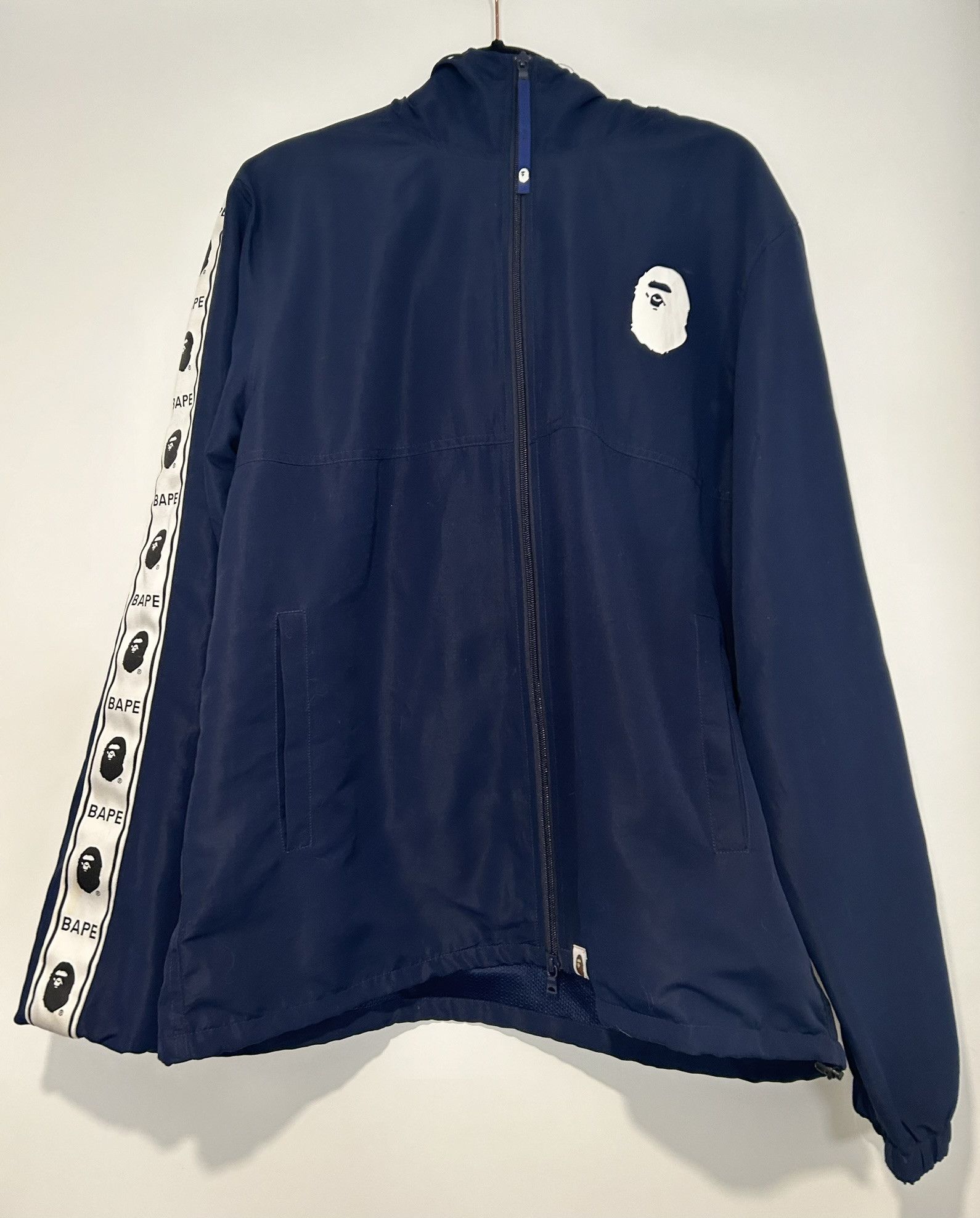 Image of Bape Tape Line Hoodie Jacket in Navy, Men's (Size 2XL)