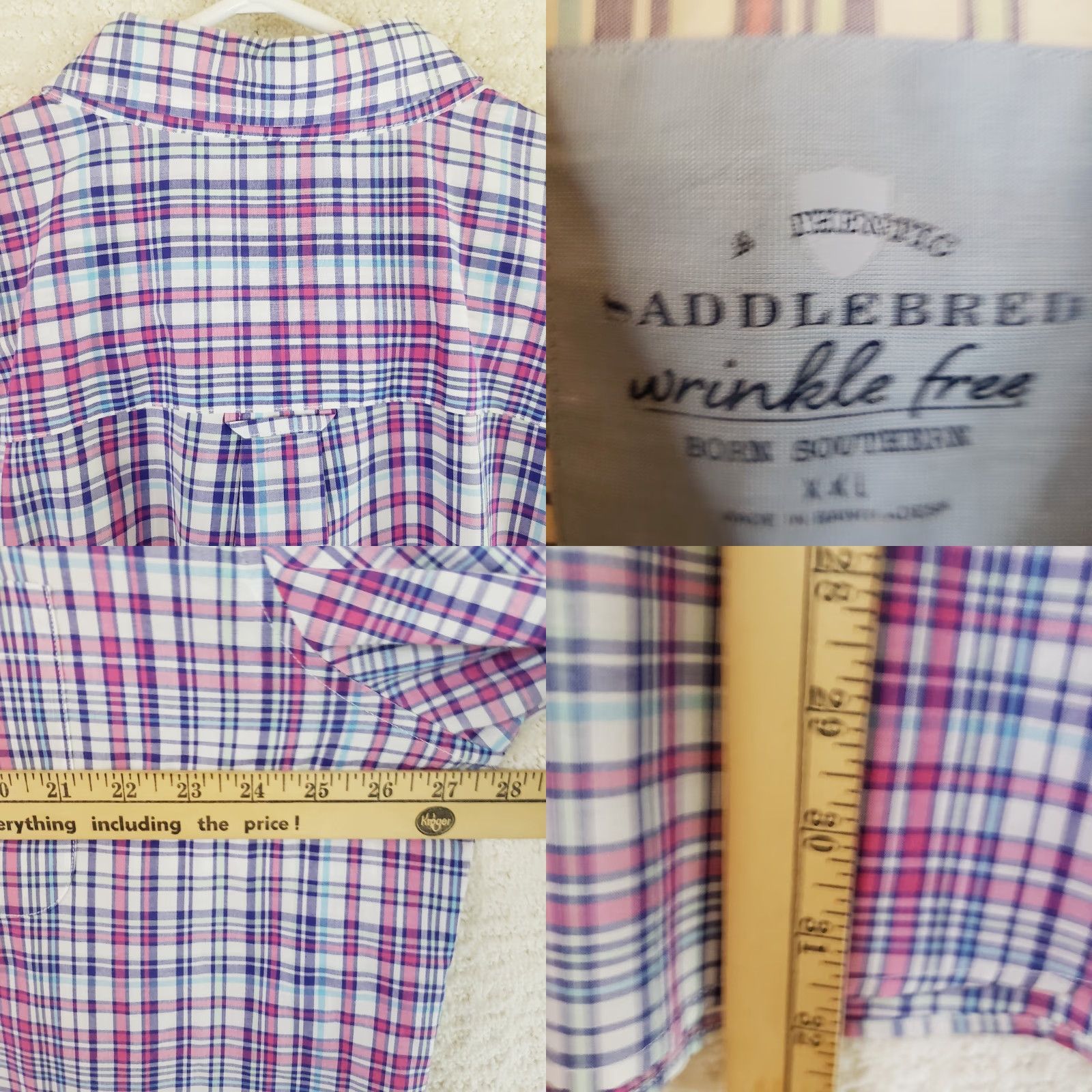 Born Saddlebred Shirt Mens XXL Pink Blue Plaid Regular Short Sleeve Button-Up Wrinkle Free Size US XL / EU 56 / 4 - 9 Thumbnail