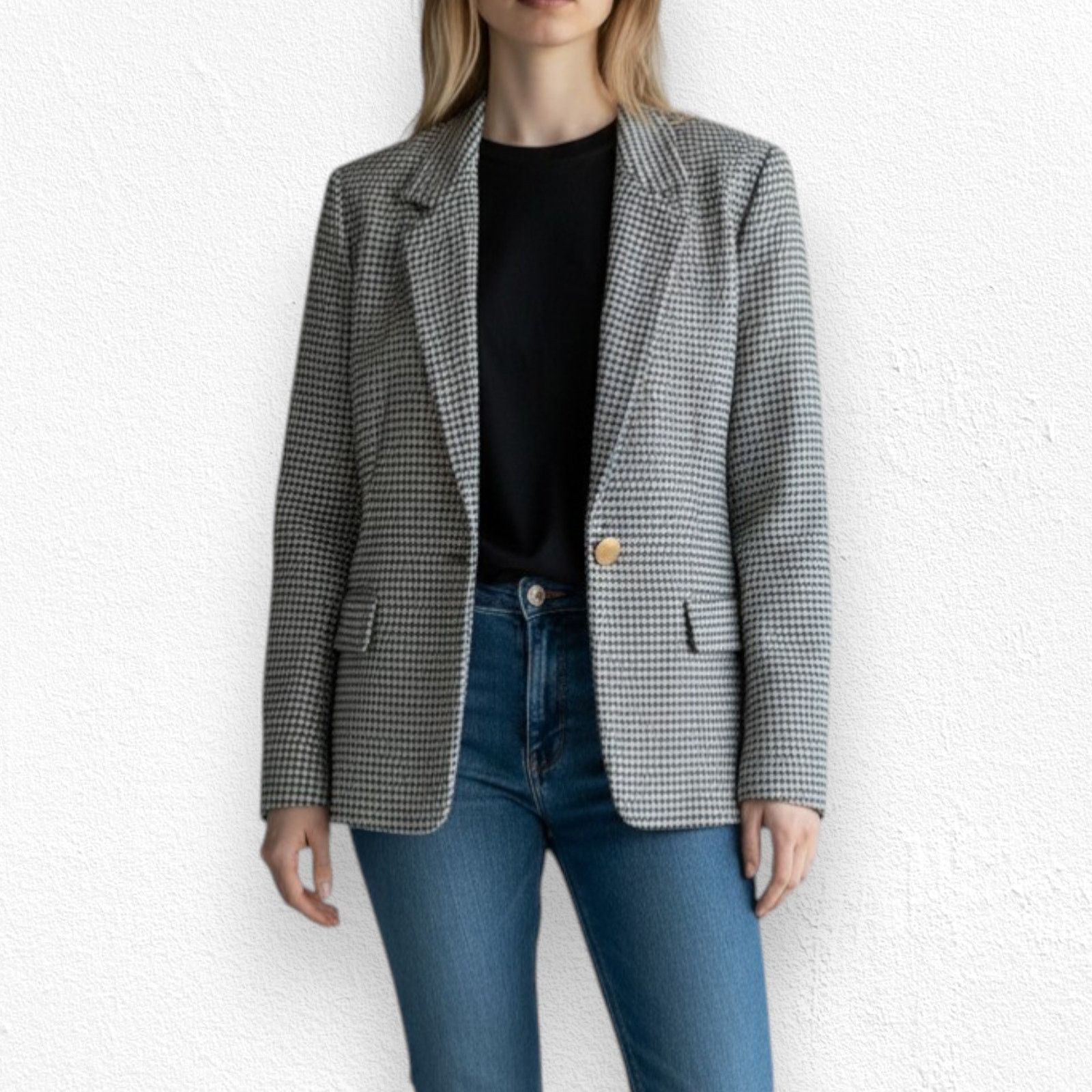 Vintage 1980s Black Houndstooth Blazer Size Large Size L / US 10 / IT 46 - 3 Thumbnail