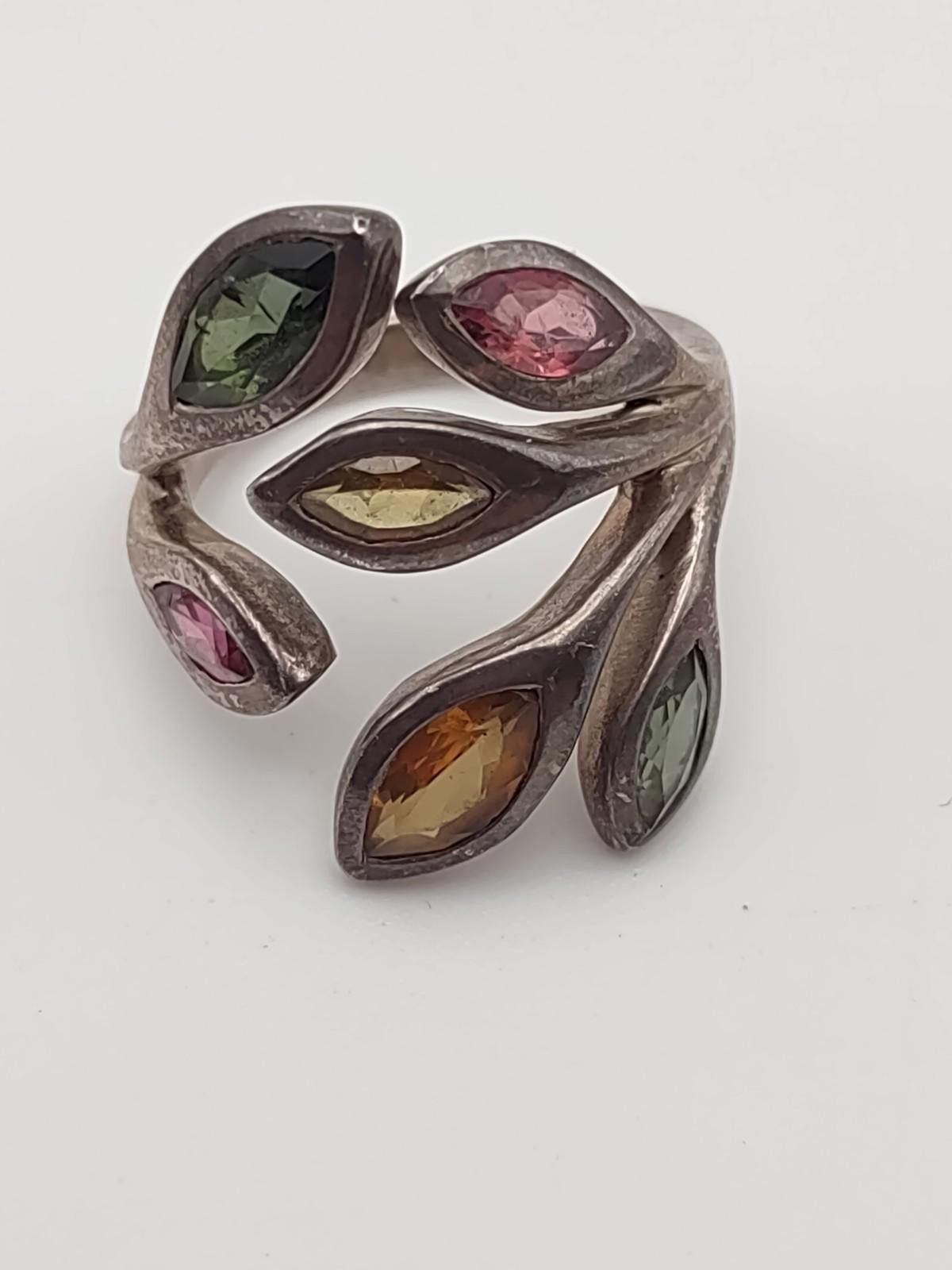 Other SJ 925 Sterling Silver Multi-Gemstone Bypass Leaf Ring Size ONE SIZE - 1 Thumbnail