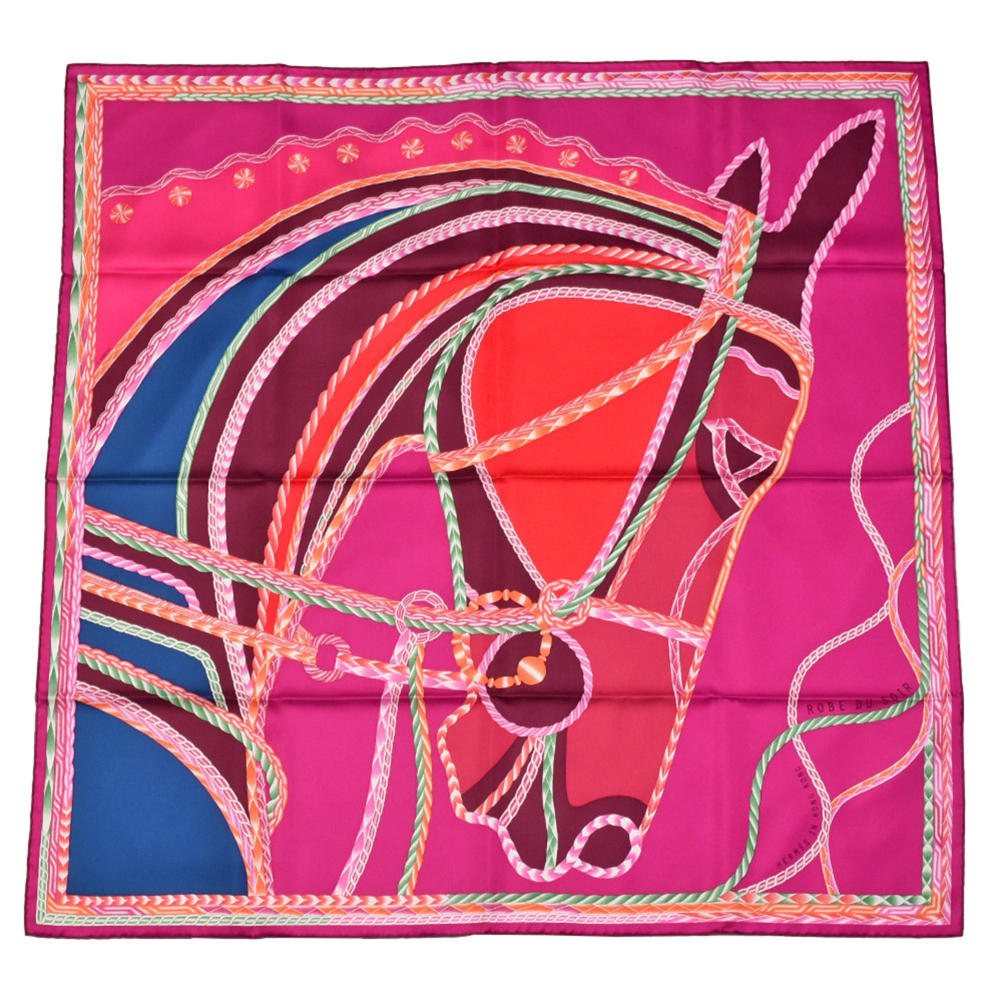 image of Hermes Kare90 Silk Scarf Robe Du Soir Horse Pattern Red Pink Blue in Black, Women's