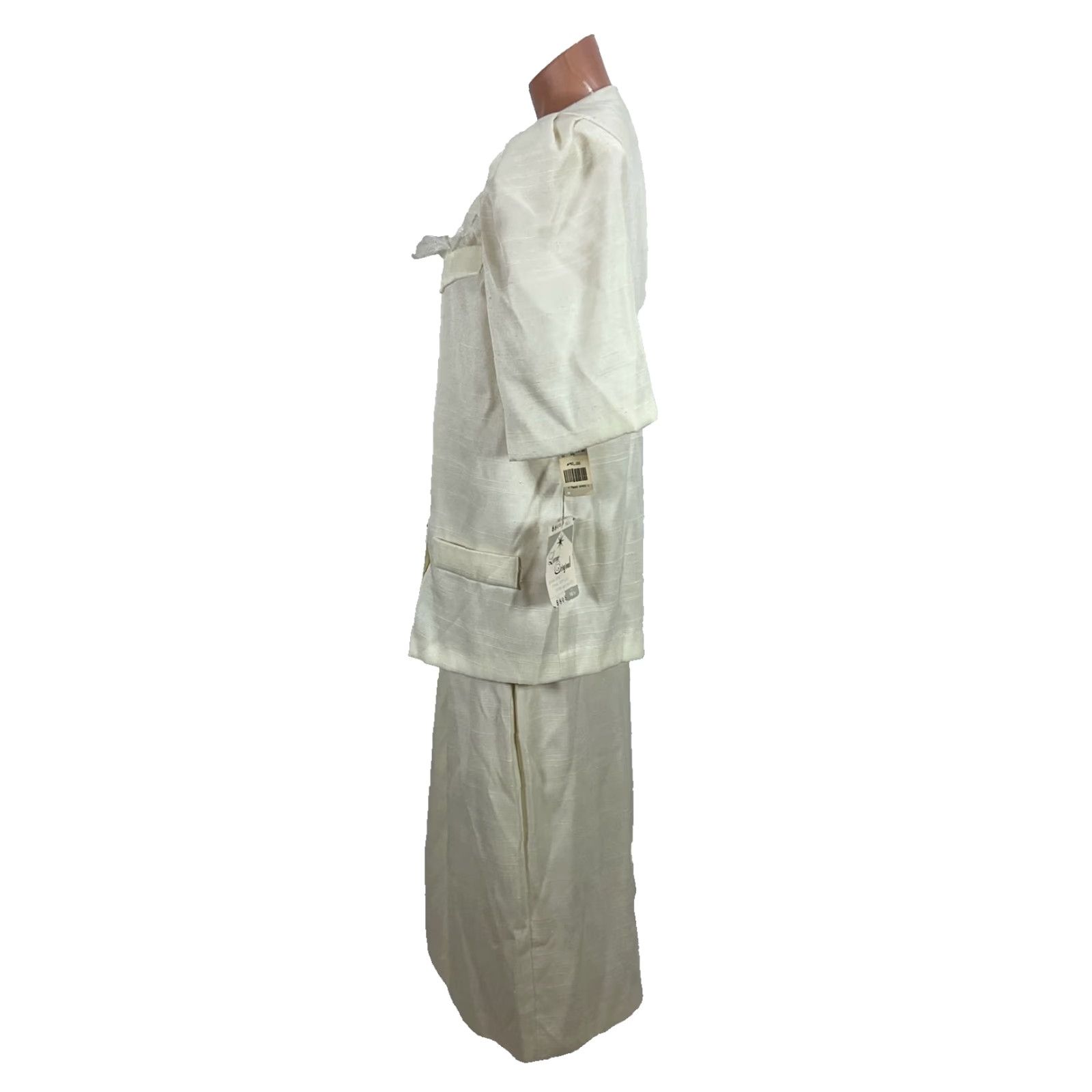 VINTAGE LORAC ORIGINAL Skirt Suit Womens 14 Ivory Linen Like Puffy Shoulder UNIONMADE Secretary/Geek 1980s