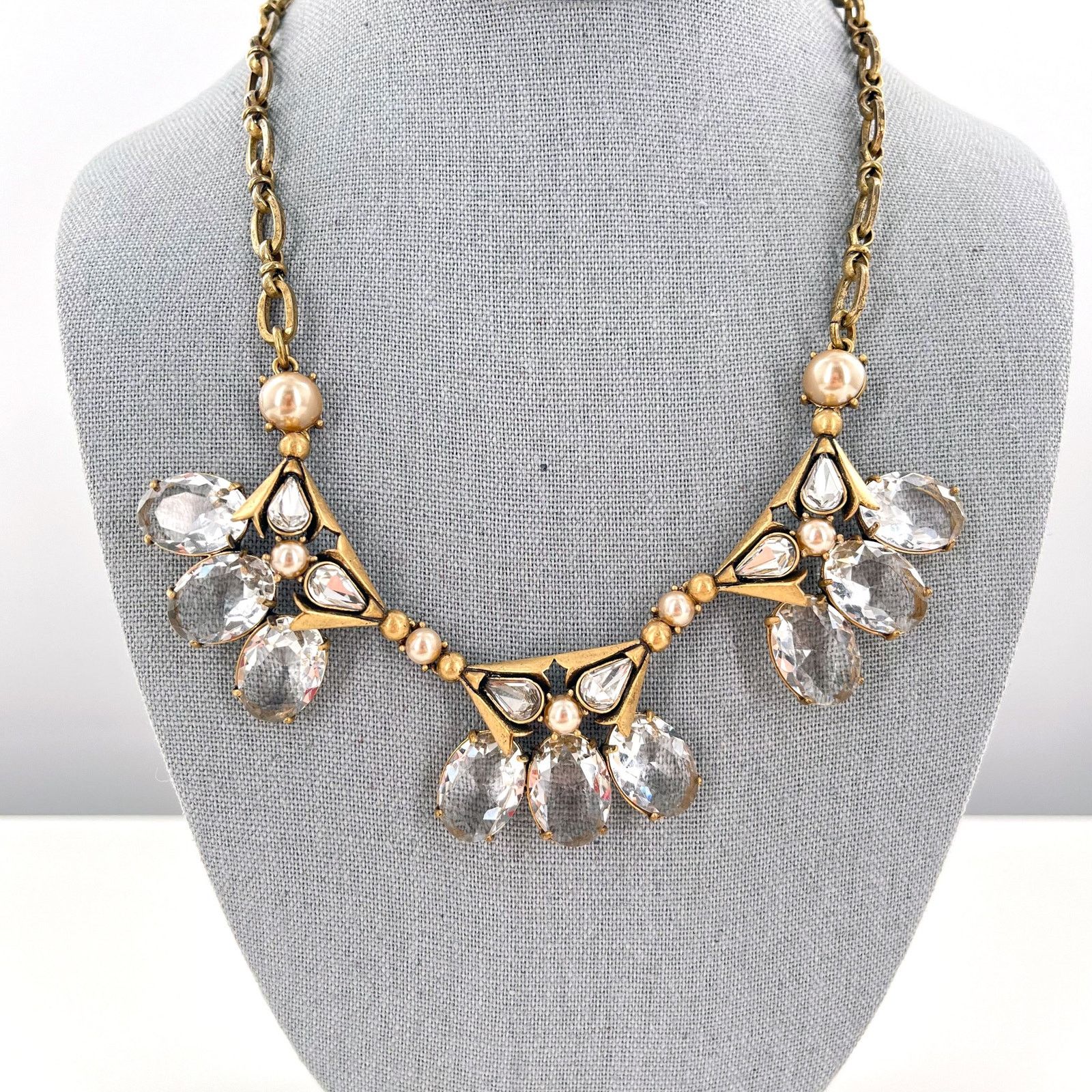 J Crew Clear Rhinestone and Pearl Triad Statement Necklace