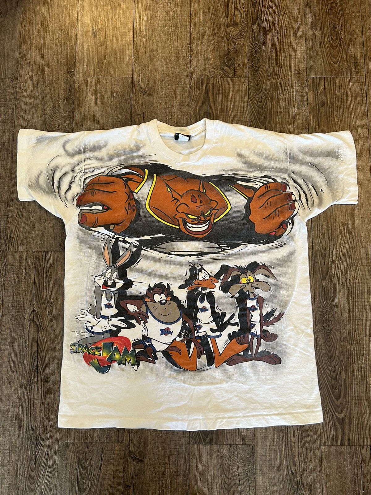 image of Cartoon Network x Vintage VTG Singe Stitch Space Jam All Over Print Looney Tunes Shirt in White (Si