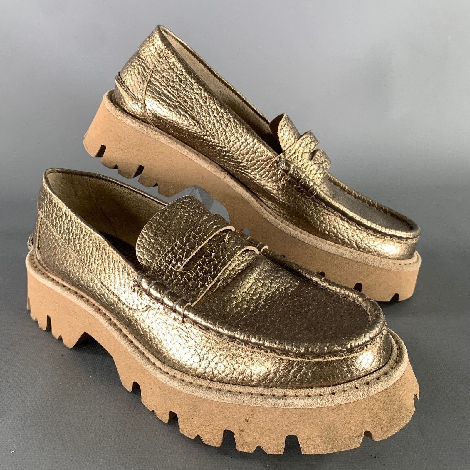 Pedro Garcia PEDRO GARCIA Gold Tan Metallic Pebble Grain Loafer Flats Size US 8 / IT 38 - 1 Thumbnail