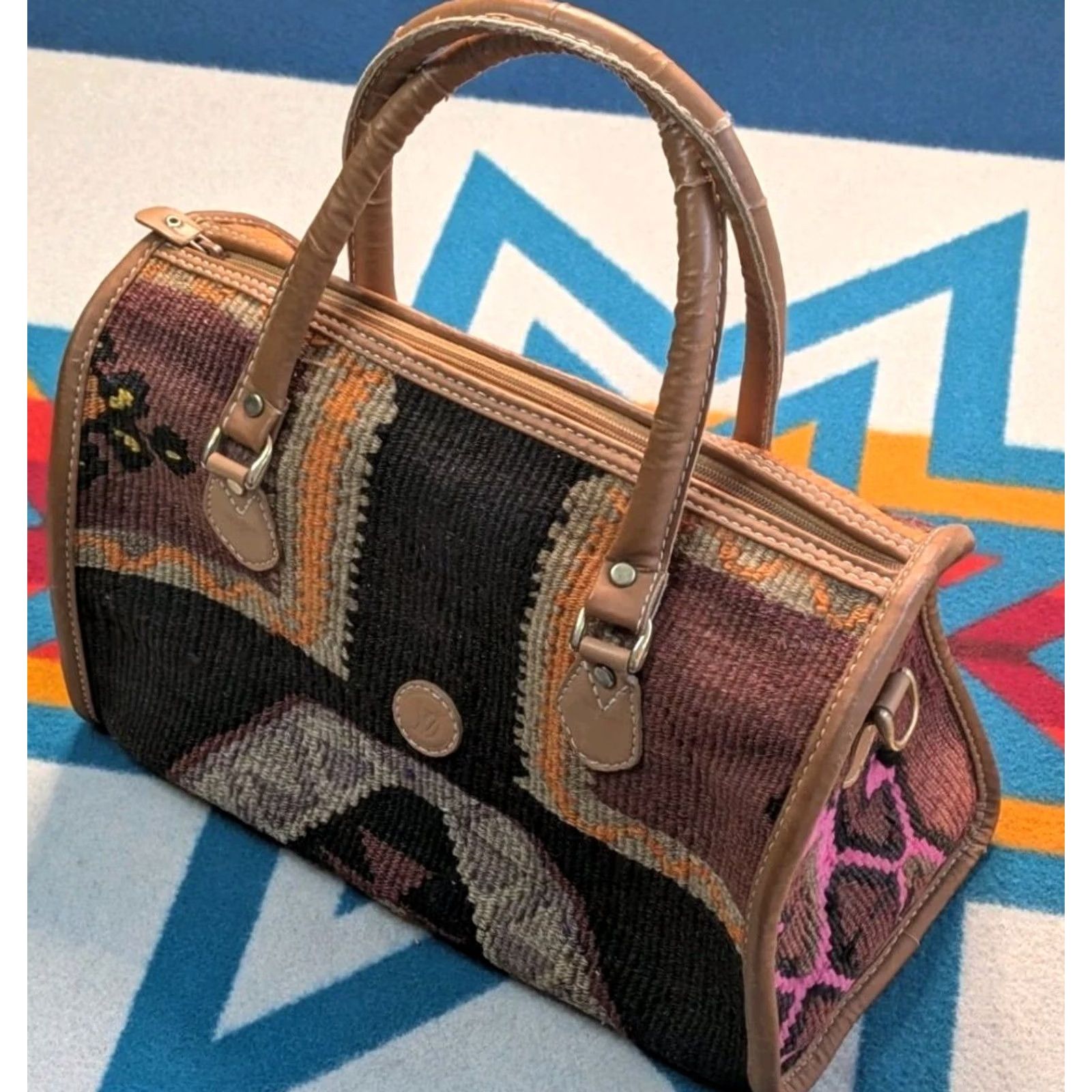 Vintage VINTAGE Durusel Hand Made Kilim Carpet Bag Purse Wool Leather Turkish 13x10" Womens Size ONE SIZE - 3 Thumbnail