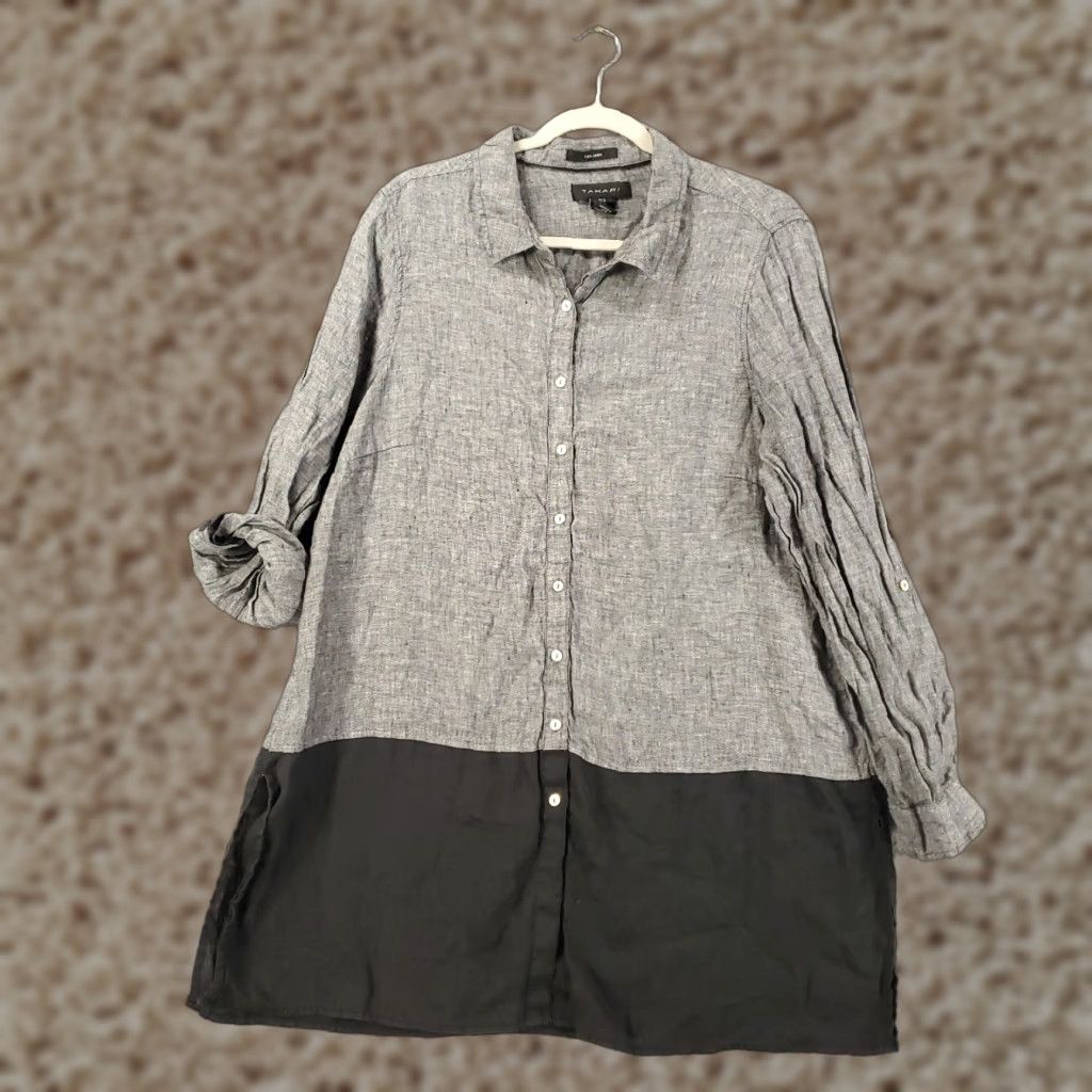 Vintage Tahari Linen Top Womens 1X Gray Black Roll Tab Sleeve Button Up Tunic Size XL / US 12-14 / IT 48-50 - 1 Thumbnail