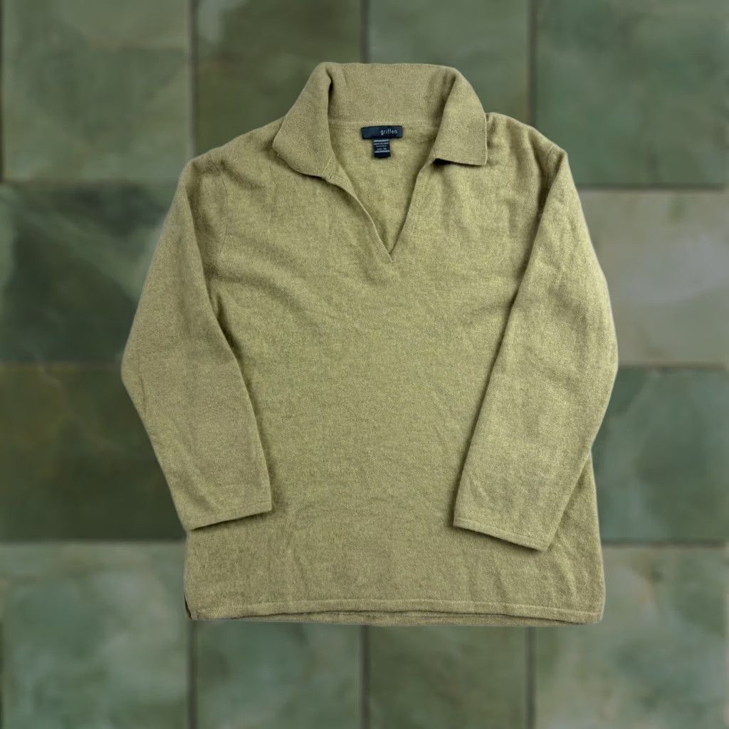 Vintage Griffen Sweater Womens XL Green 100% Cashmere Pullover Knit Collared Lightweight Slim Knit Pullover Long Sleeve Size XL / US 12-14 / IT 48-50 - 1 Thumbnail
