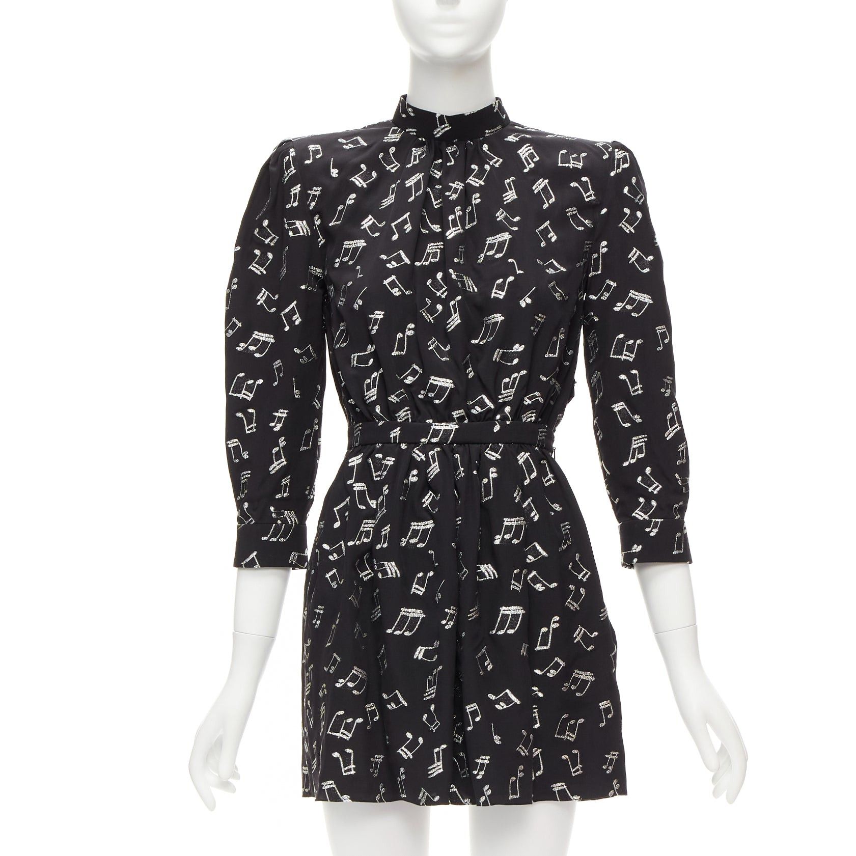 Saint Laurent Paris SAINT LAURENT 2019 Musical Note silver embroidered puff sleeve mini dress FR34 Size XS / US 0-2 / IT 36-38 - 1 Thumbnail