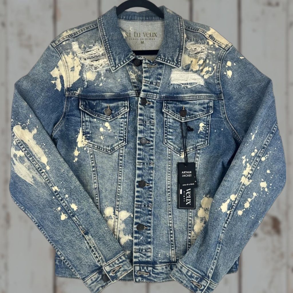 Denime Si Tu Veux Arthur Jacket Mens M Indigo Wash Distressed Paint Splatter Denim Size US M / EU 48-50 / 2 - 1 Thumbnail