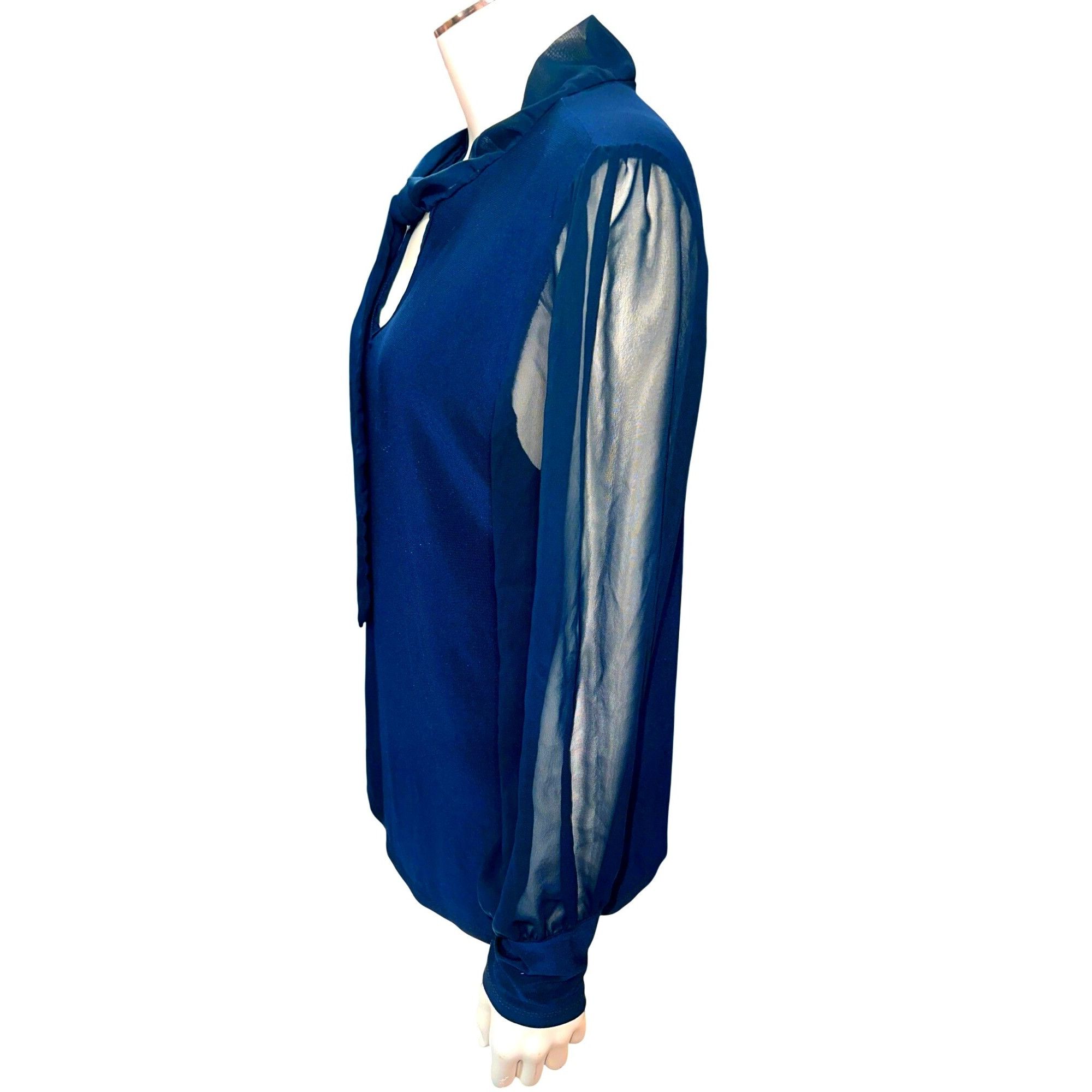 Other Adele May Navy Blouse Large Sheer Sleeve Tie Neck Keyhole Ro Size L / US 10 / IT 46 - 4 Thumbnail
