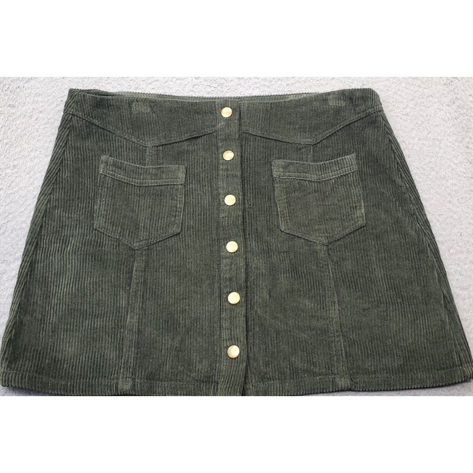Vintage She + Sky Corduroy Mini Skirt Womens L Green Snap Front Stretch Button Front SL2388R2 Size 36" / US 14 / IT 50 - 2 Thumbnail