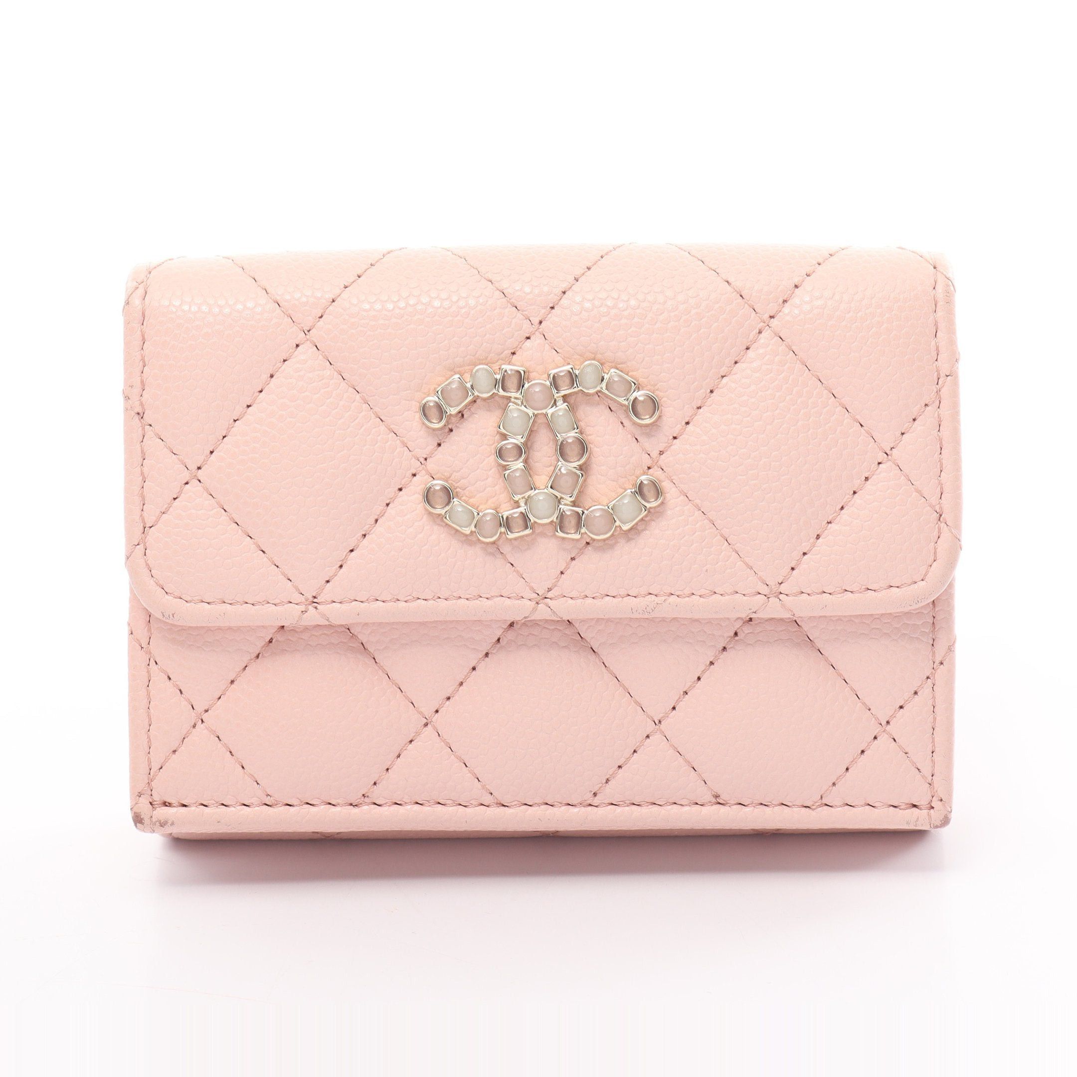 image of Chanel Matelasse Trifold Long Wallet Compact Wallet Caviar Skin Light Pink Champagne Gold Hardware,