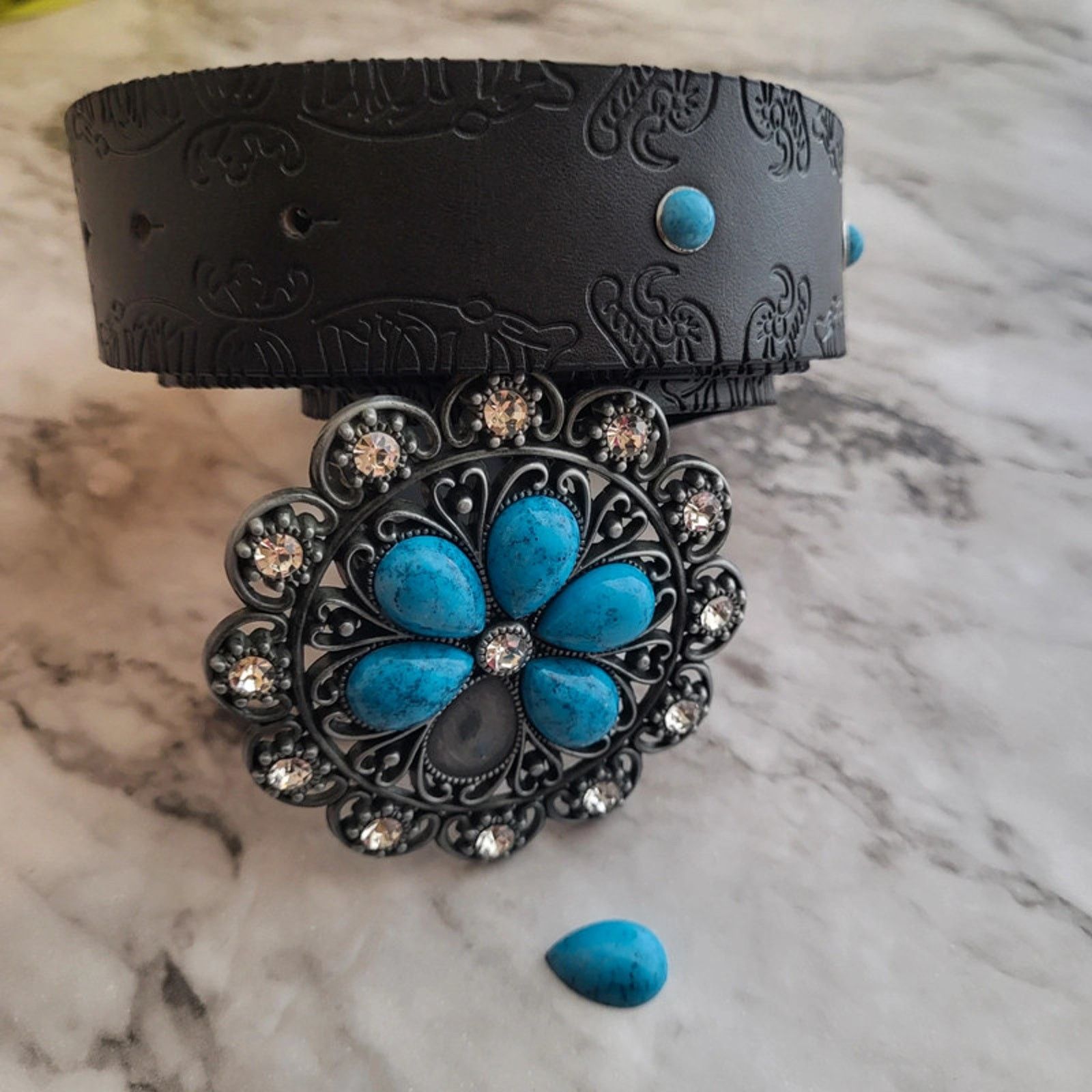 Other Black and Blue Floral Buckle Vegan Leather Belt 44 inches Size ONE SIZE - 7 Thumbnail
