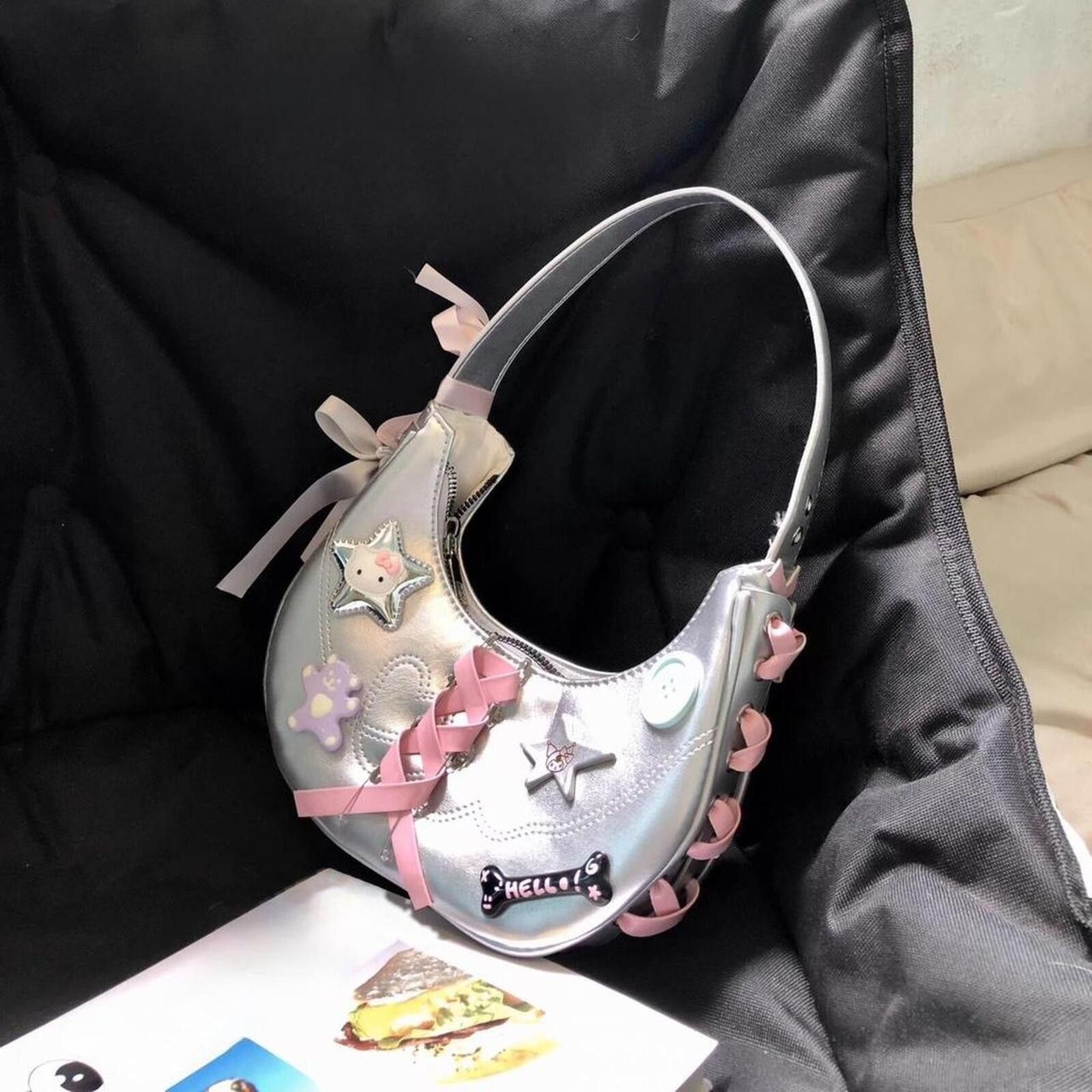 Other Y2K Silver Hobo Bag – Cute Pink Lace‑Up Charm Shoulder Purse Size ONE SIZE - 5 Thumbnail