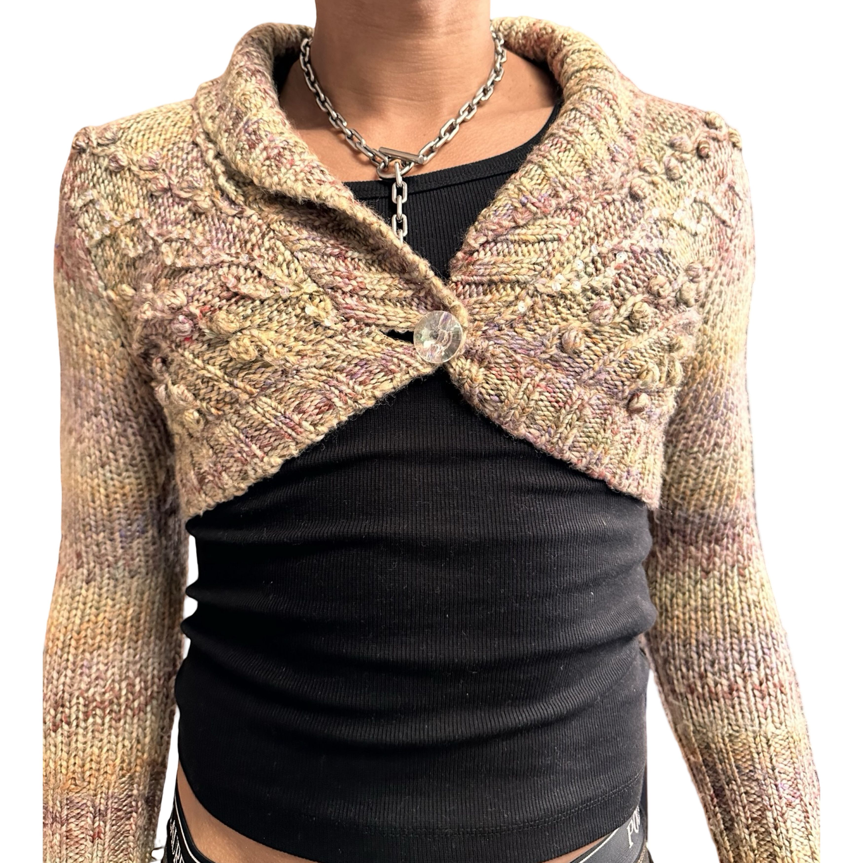 DKNY Vintage Tan Speckle Cable Knit Shrug Sequin Sweater - Medium Size M / US 6-8 / IT 42-44 - 3 Thumbnail