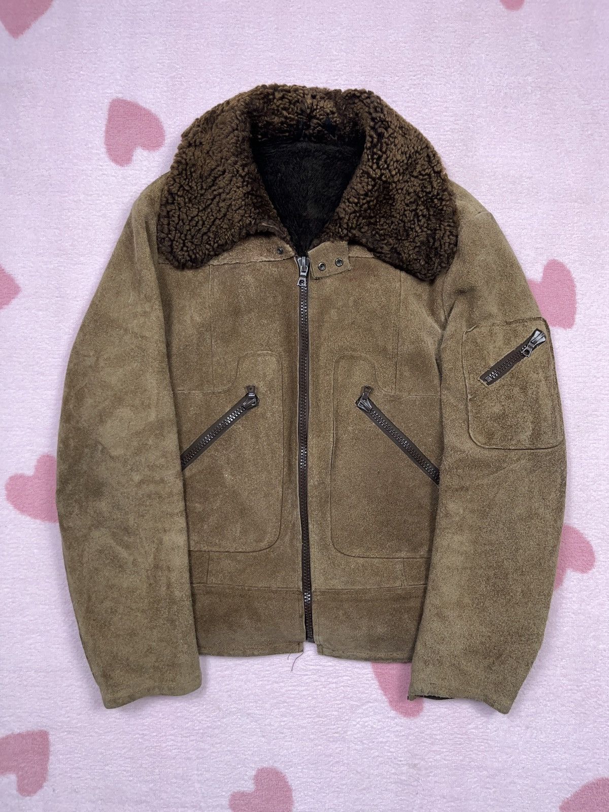 image of Genuine Leather 80's Vintage Suede Faded Flyer Shearling Jacket Aviator in Brown, Men's (Size Large