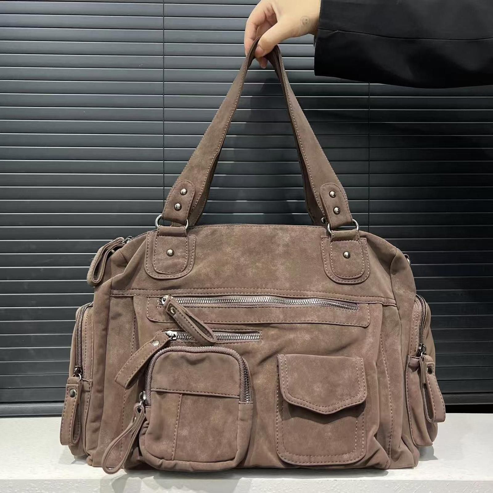 Vintage Brown Multi-Pocket Suede Shoulder Handbag Size ONE SIZE - 4 Thumbnail