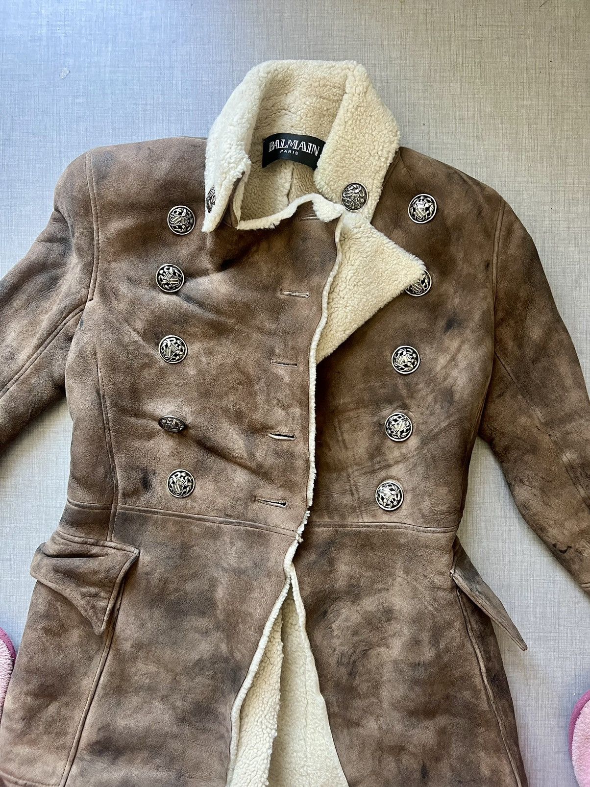 Balmain Balmain Brown Aged Suede & Ivory Sheepskin Coat (Size 38) Size S / US 4 / IT 40 - 2 Thumbnail