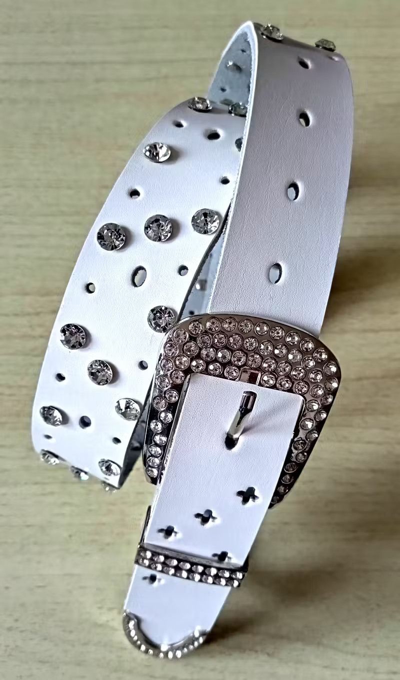 image of Vintage Punk Hippie Glitter Diamond Leather Belt For Men And Women in White