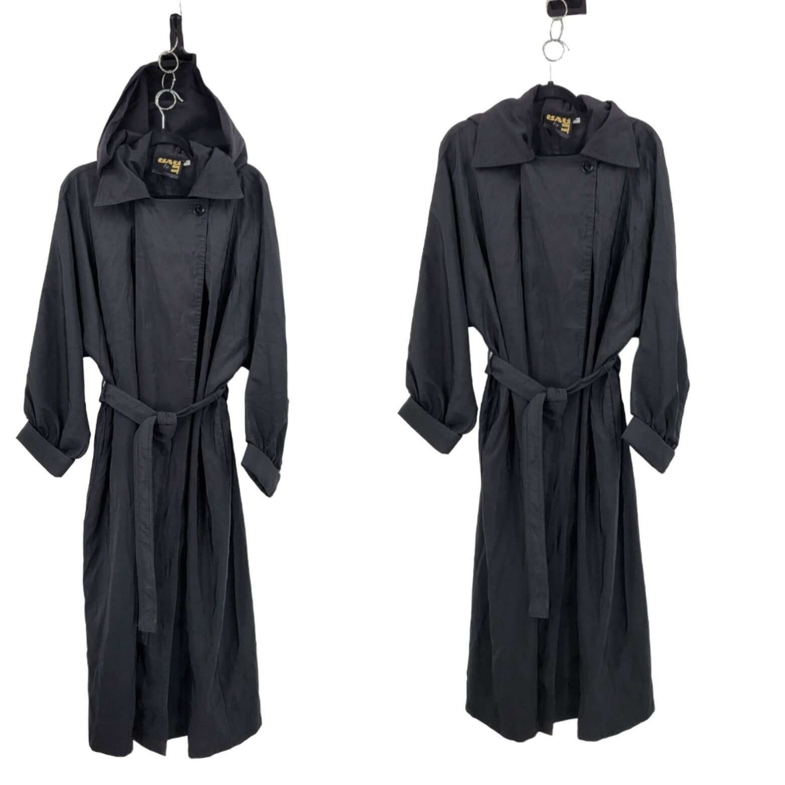 image of Vintage Nylon Hooded Belted Trench Raincoat M Black Witchcor, Men's (Size Medium)