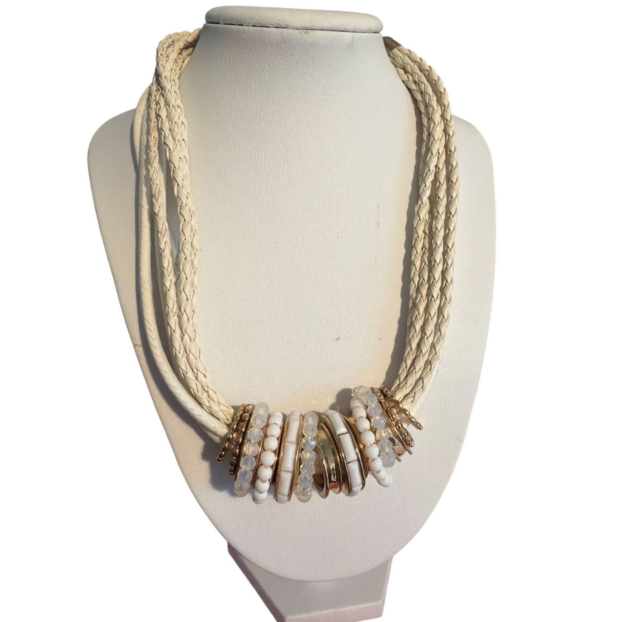 Other White Faux Braided Leather Multi Strand Necklace Rings Beads Size ONE SIZE - 1 Thumbnail