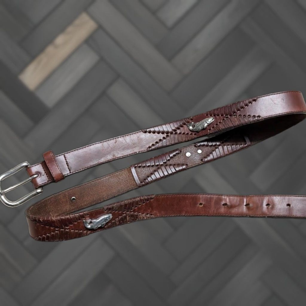 Brighton VINTAGE Brighton leather belt Fisherman brown 42 Mens Belt width 1-1/8" 40-42 Ivy League Concho PREPPY golf FLY FISHING Size 42 - 1 Thumbnail